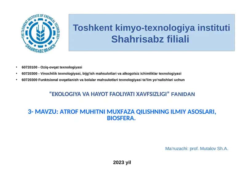 Atrof muhitni muhofaza qilishning ilmiy asoslari 1