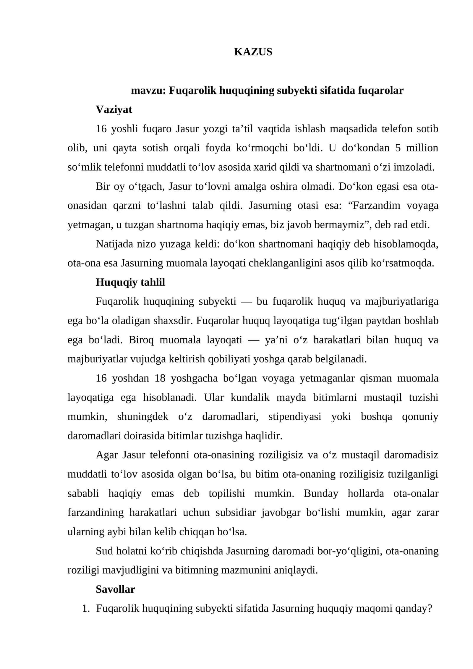 KAZUS Fuqarolik huquqining subyekti sifatida fuqarolar 1