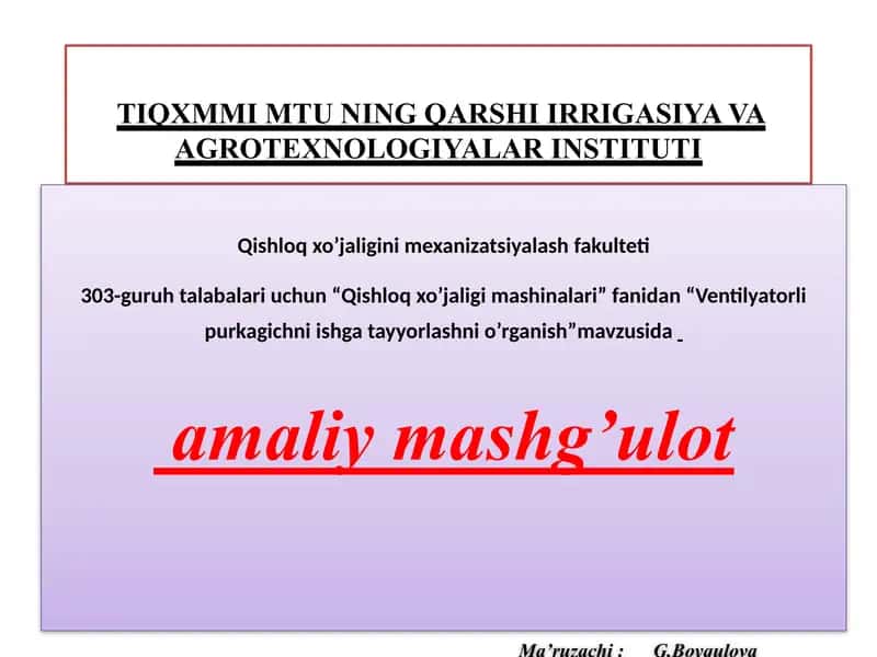 Ventilyatorli purkagichni ishga tayyorlashni o‘rganish 1