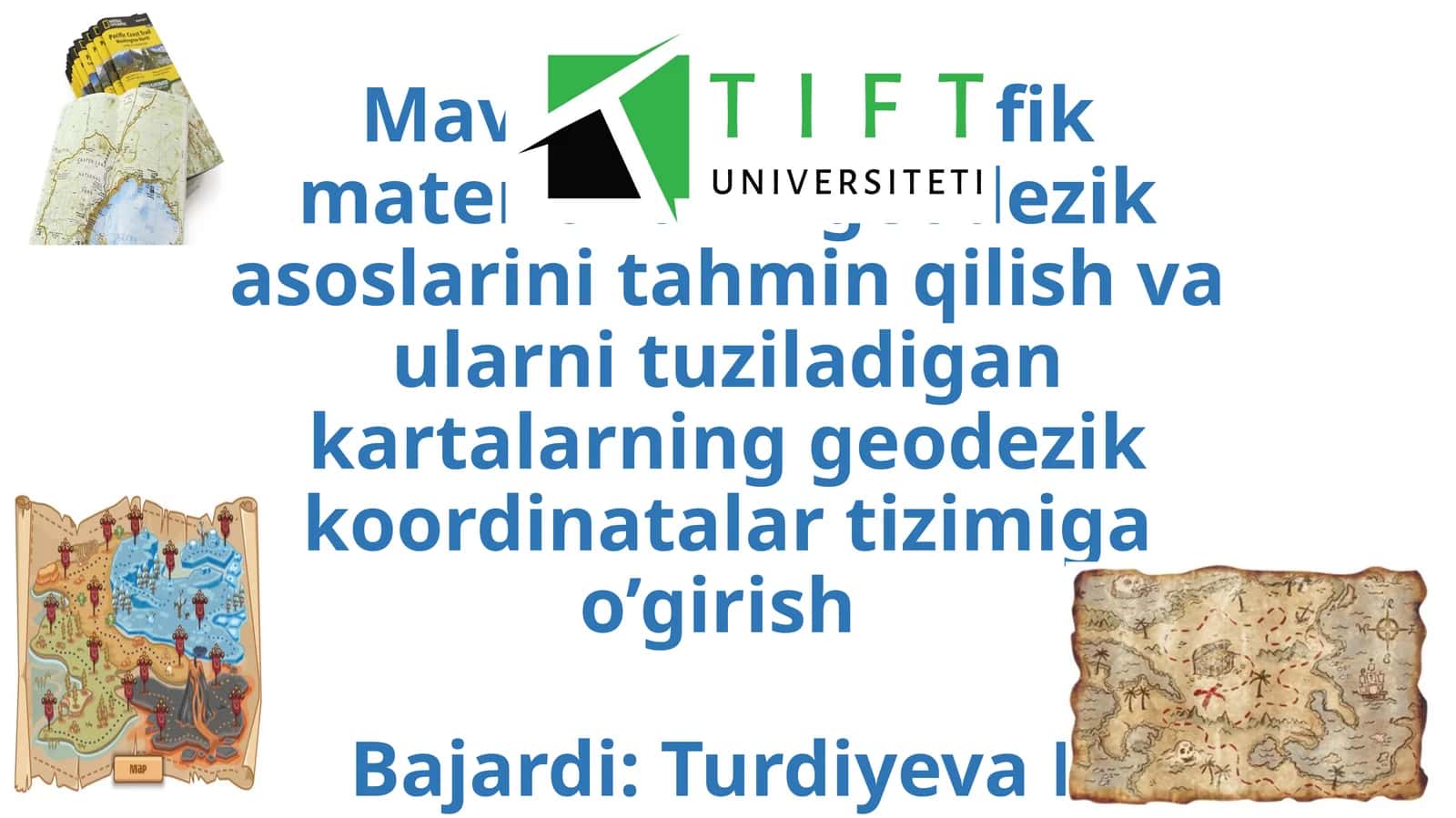 Mavjud kartografik materiallarni geodezik asoslarini tahmin qilish va ularni tuziladigan kartalarning geodezik koordinatalar tizimiga o’girish 1