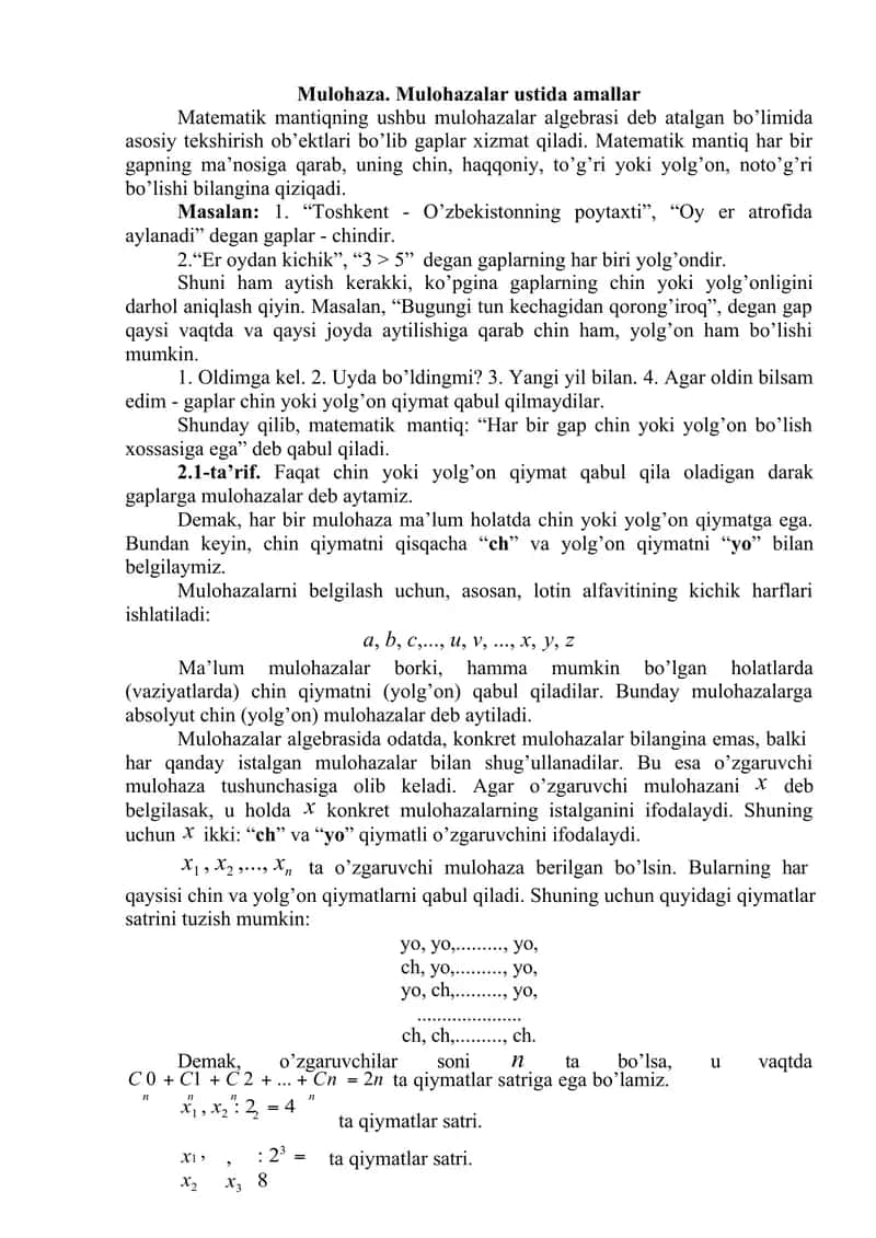 Matematik Mantiq Mulohazalar 1
