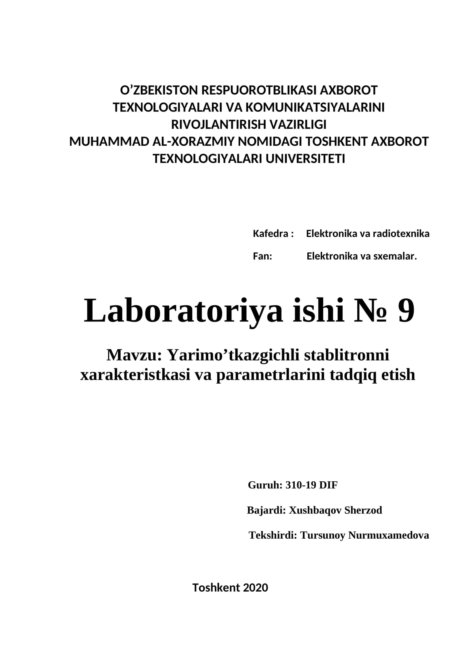 Yarimo’tkazgichli stablitronni xarakteristkasi va parametrlarini tadqiq etish 1