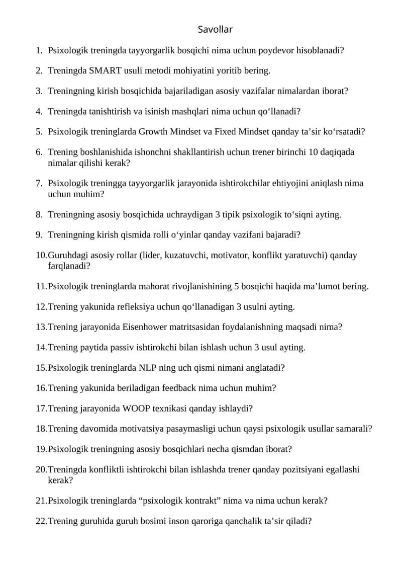 Psixologik trening bo'yicha savollar 1
