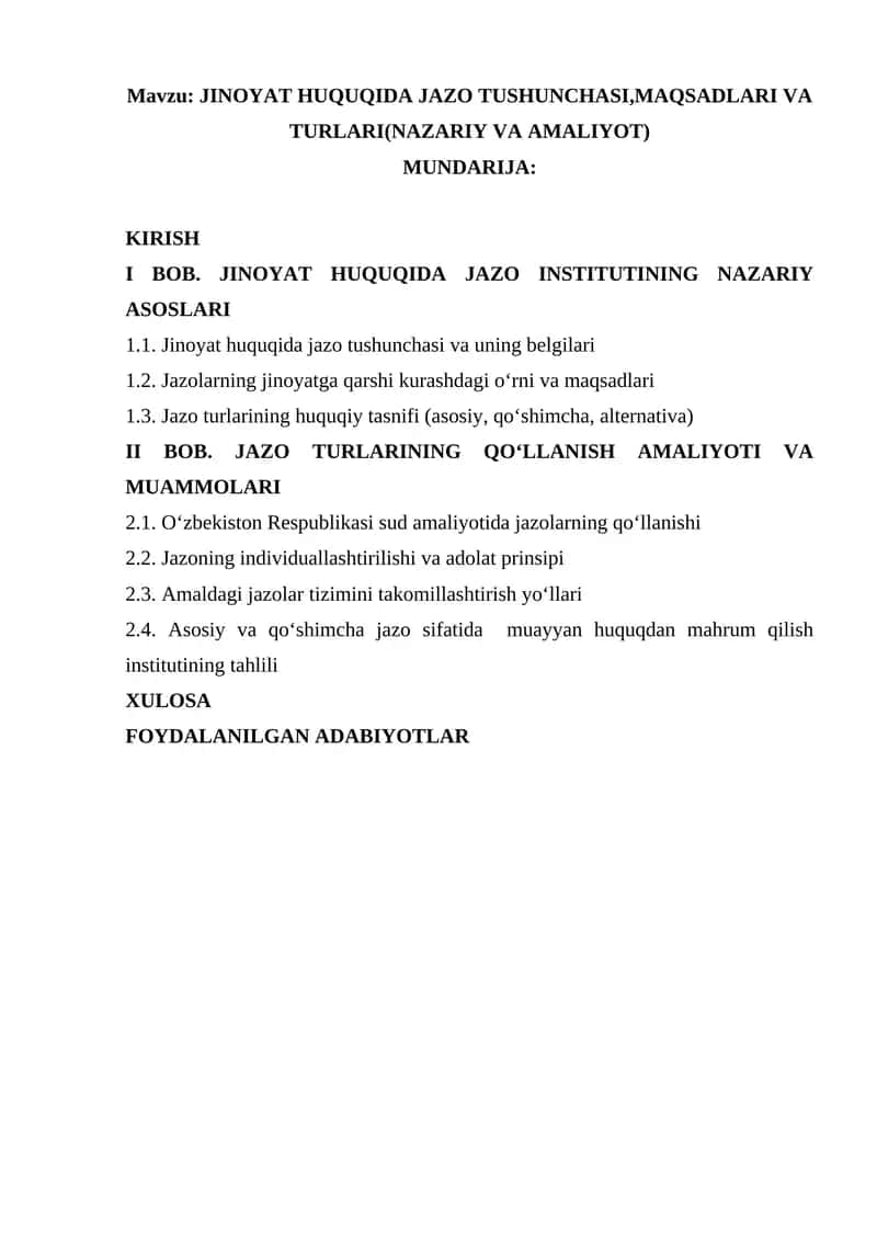 JINOYAT HUQUQIDA JAZO TUSHUNCHASI,MAQSADLARI VA TURLARI(NAZARIY VA AMALIYOT) 1