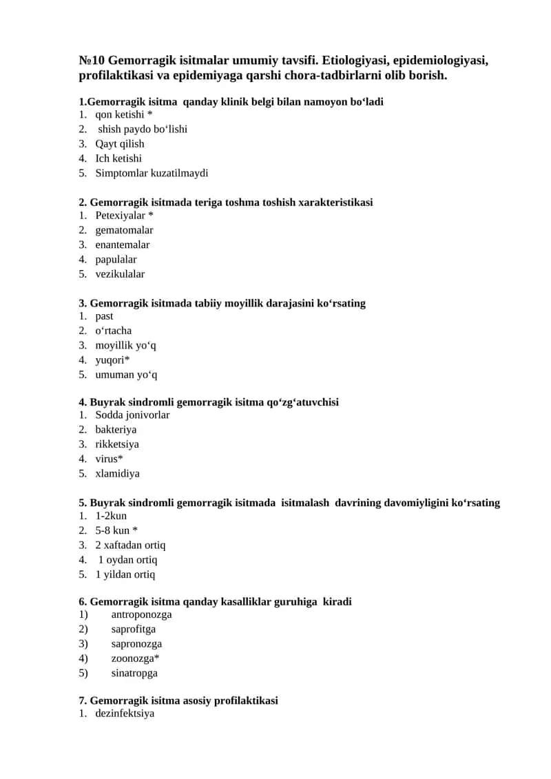 Gemorragik isitmalar umumiy tavsifi. Etiologiyasi, epidemiologiyasi, profilaktikasi va epidemiyaga qarshi chora-tadbirlarni olib borish 1