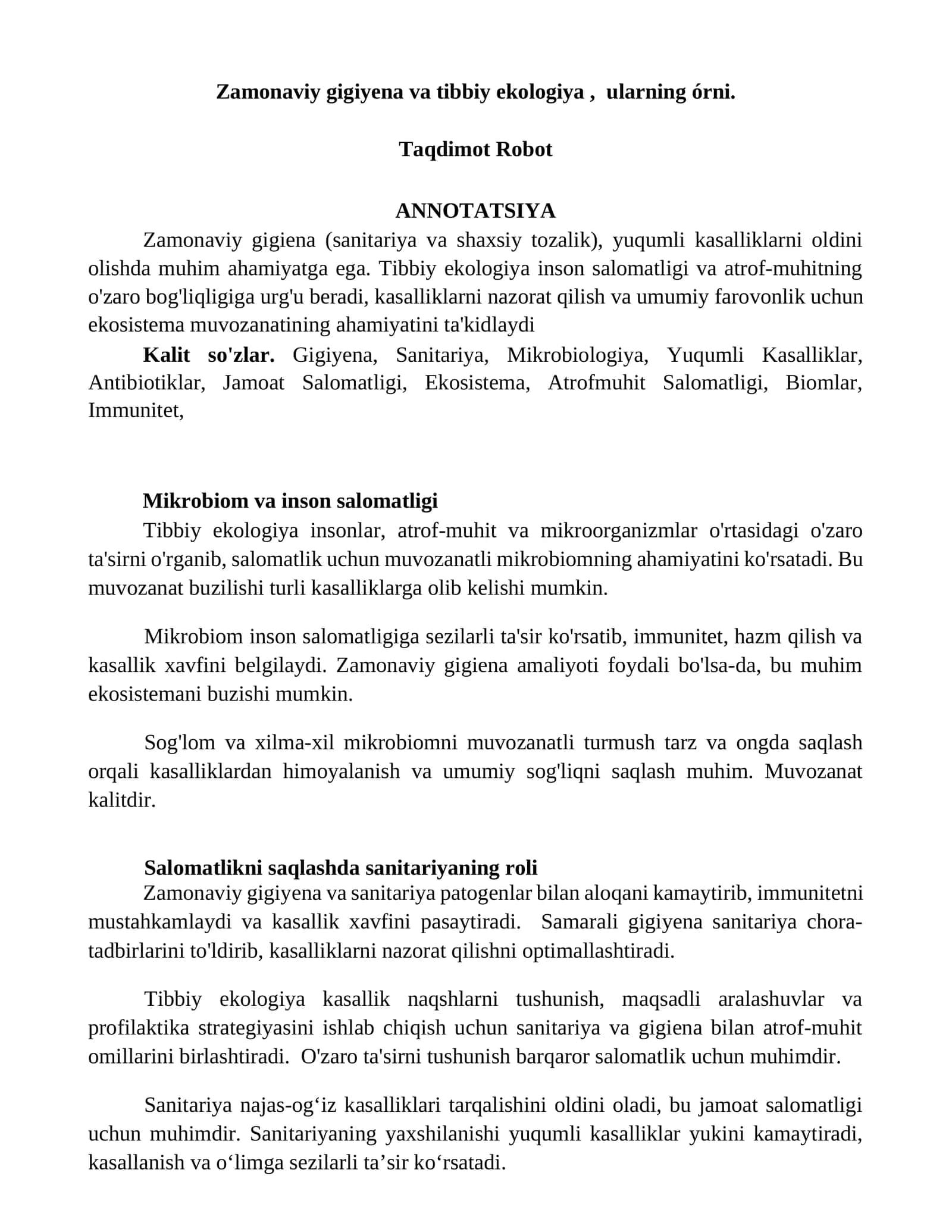 Zamonaviy gigiyena va tibbiy ekologiya, ularning o'rni 1