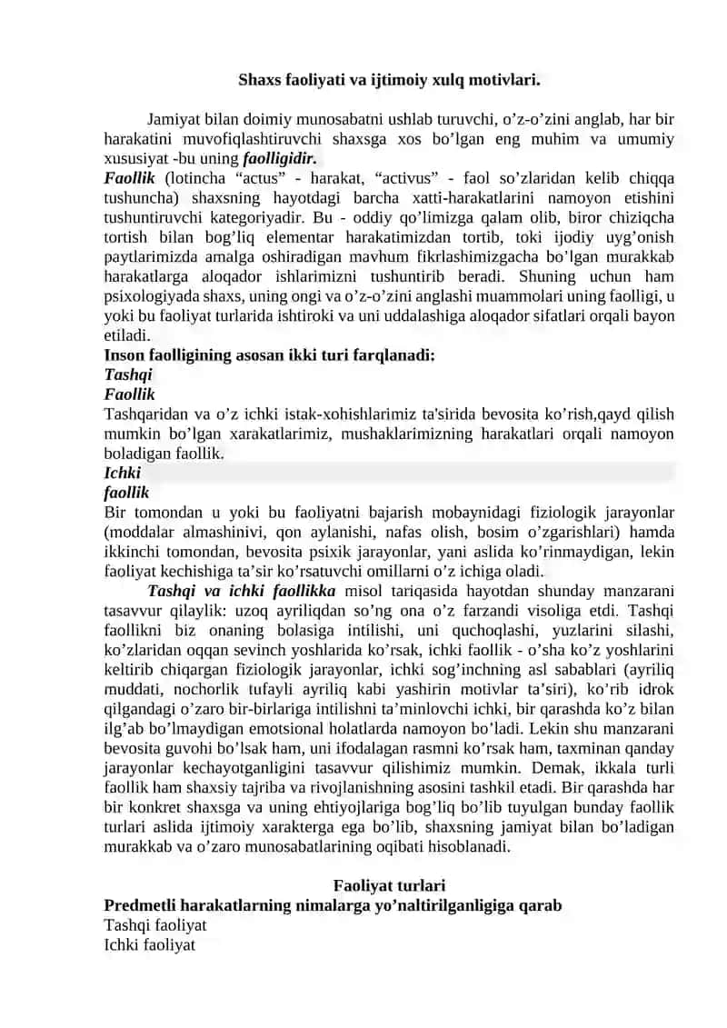 Shaxs faoliyati va ijtimoiy xulq motivlari