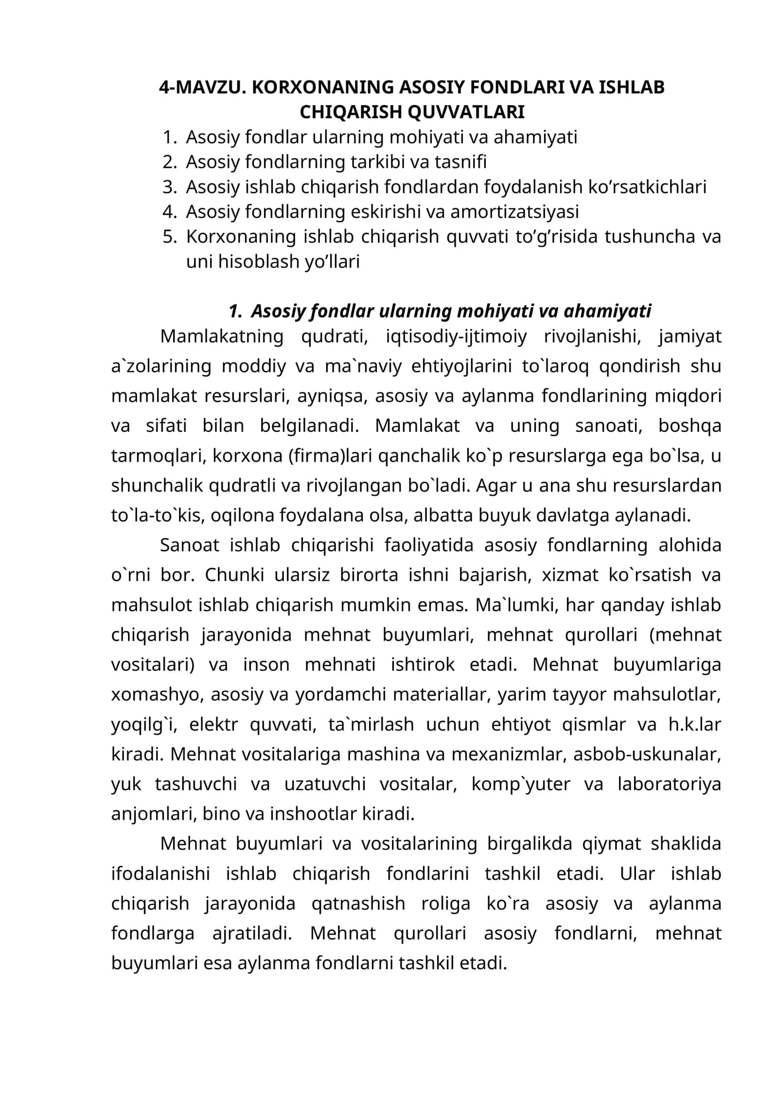 KORXONANING ASOSIY FONDLARI VA ISHLAB CHIQARISH QUVVATLARI 1