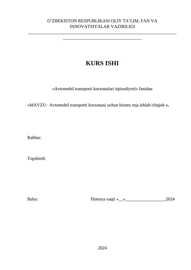 Avtomobil transporti korxonasi uchun biznes reja ishlab chiqish 1