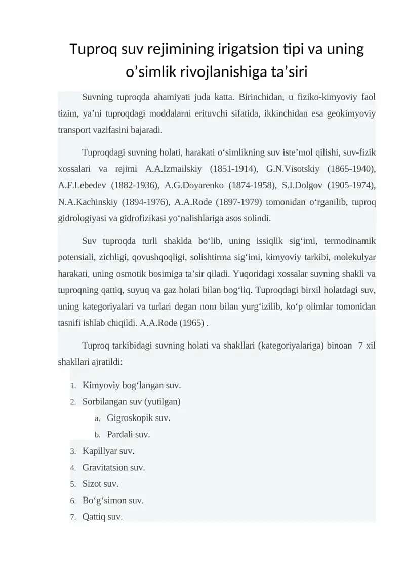 Tuproq suv rejimining irigatsion tipi va uning o’simlik rivojlanishiga ta’siri 1