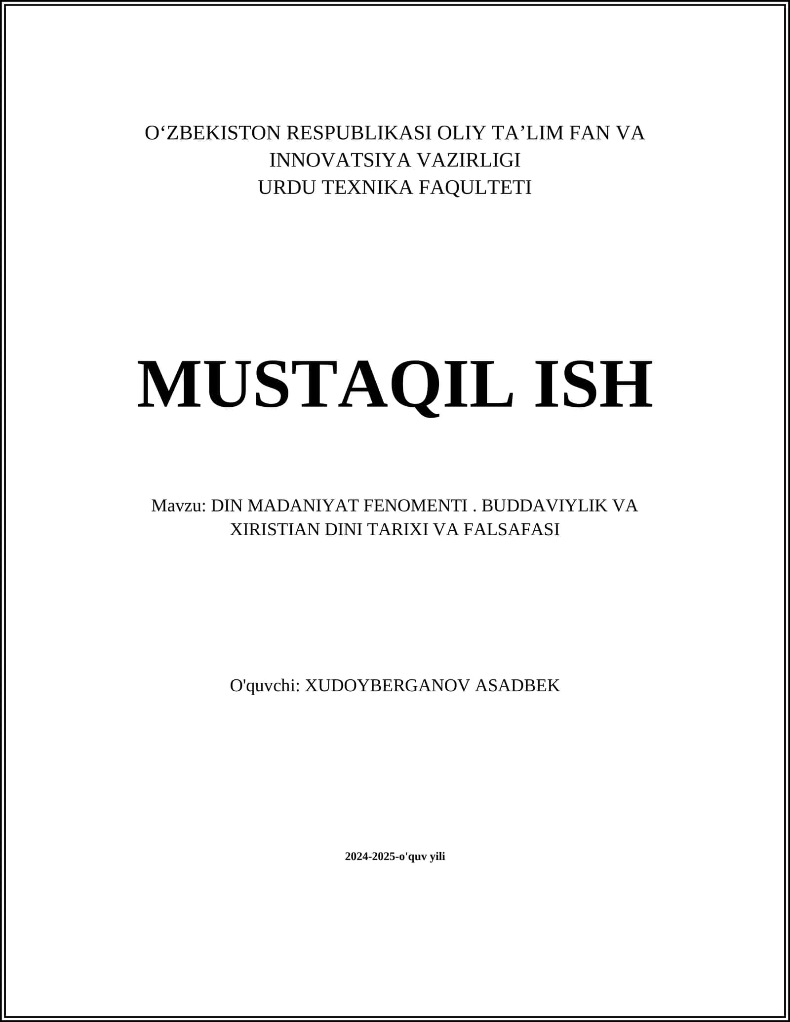 DIN MADANIYAT FENOMENTI. BUDDAVIYLIK VA XIRISTIAN DINI TARIXI VA FALSAFASI 1