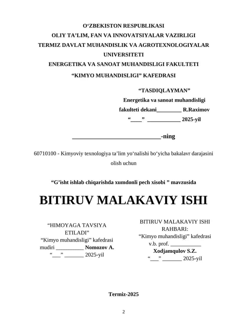 G’isht ishlab chiqarishda xumdonli pech xisobi 1