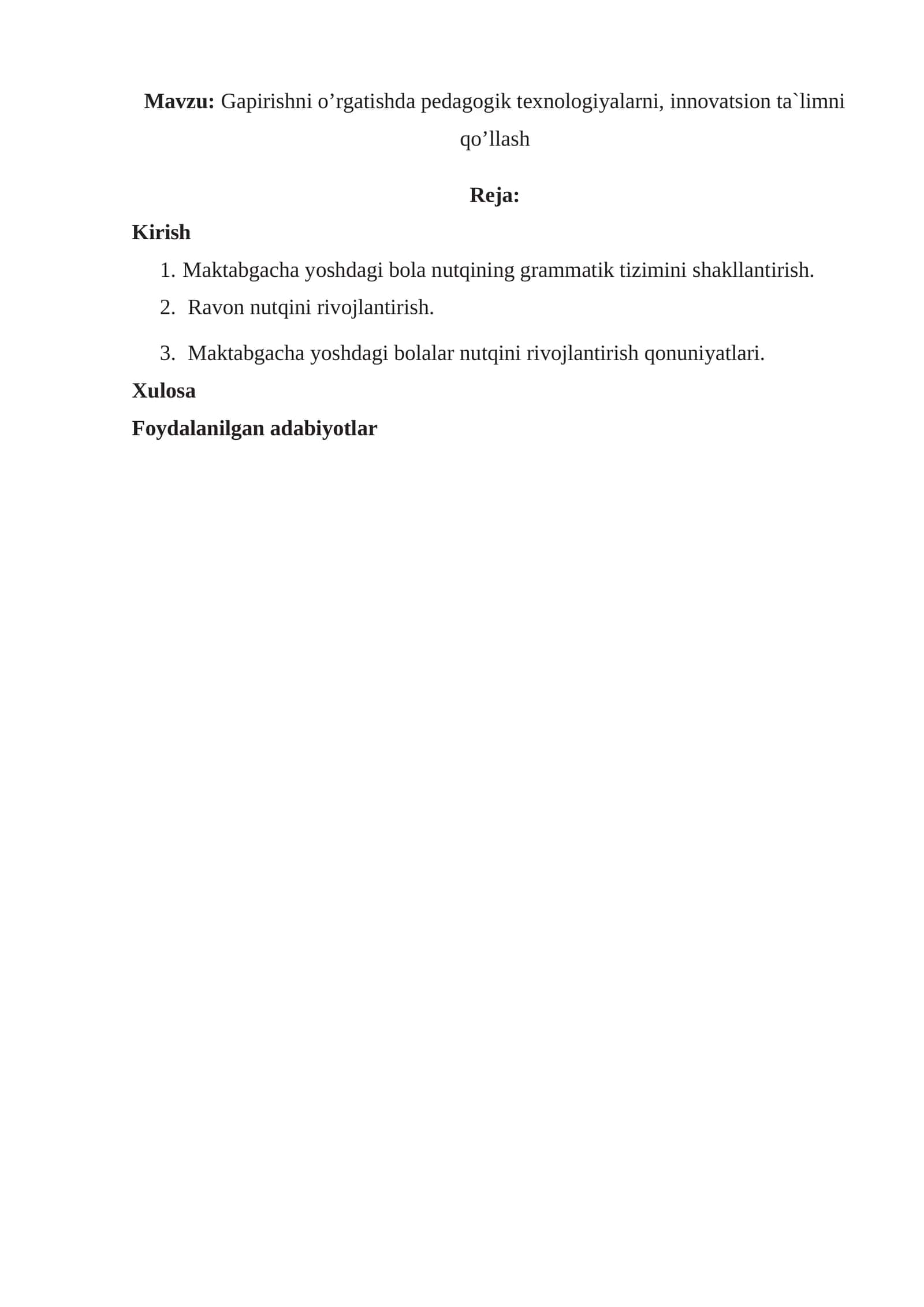 Gapirishni o’rgatishda pedagogik texnologiyalarni, innovatsion ta`limni qo’llash 1