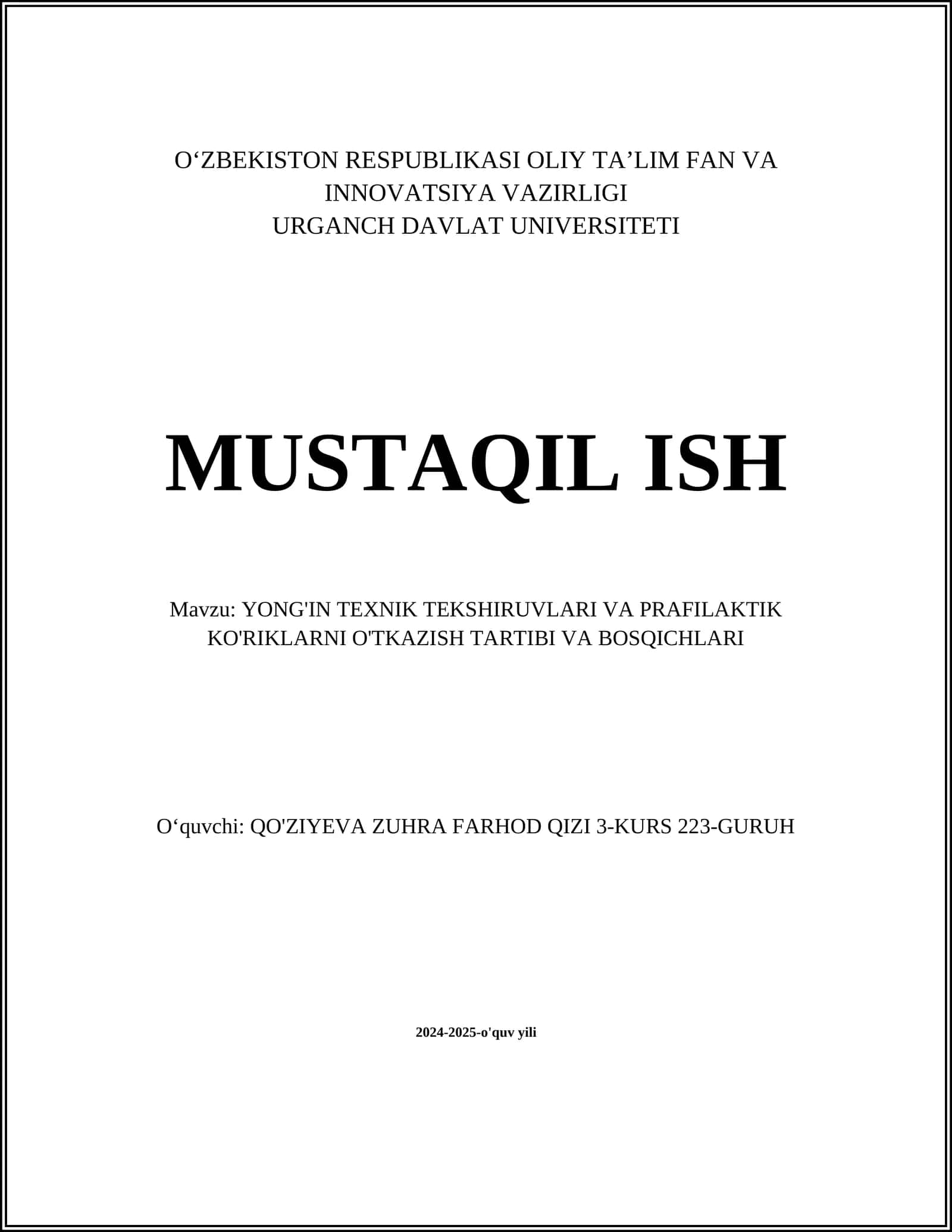 YONG'IN TEXNIK TEKSHIRUVLARI VA PRAFILAKTIK KO'RIKLARNI O'TKAZISH TARTIBI VA BOSQICHLARI 1
