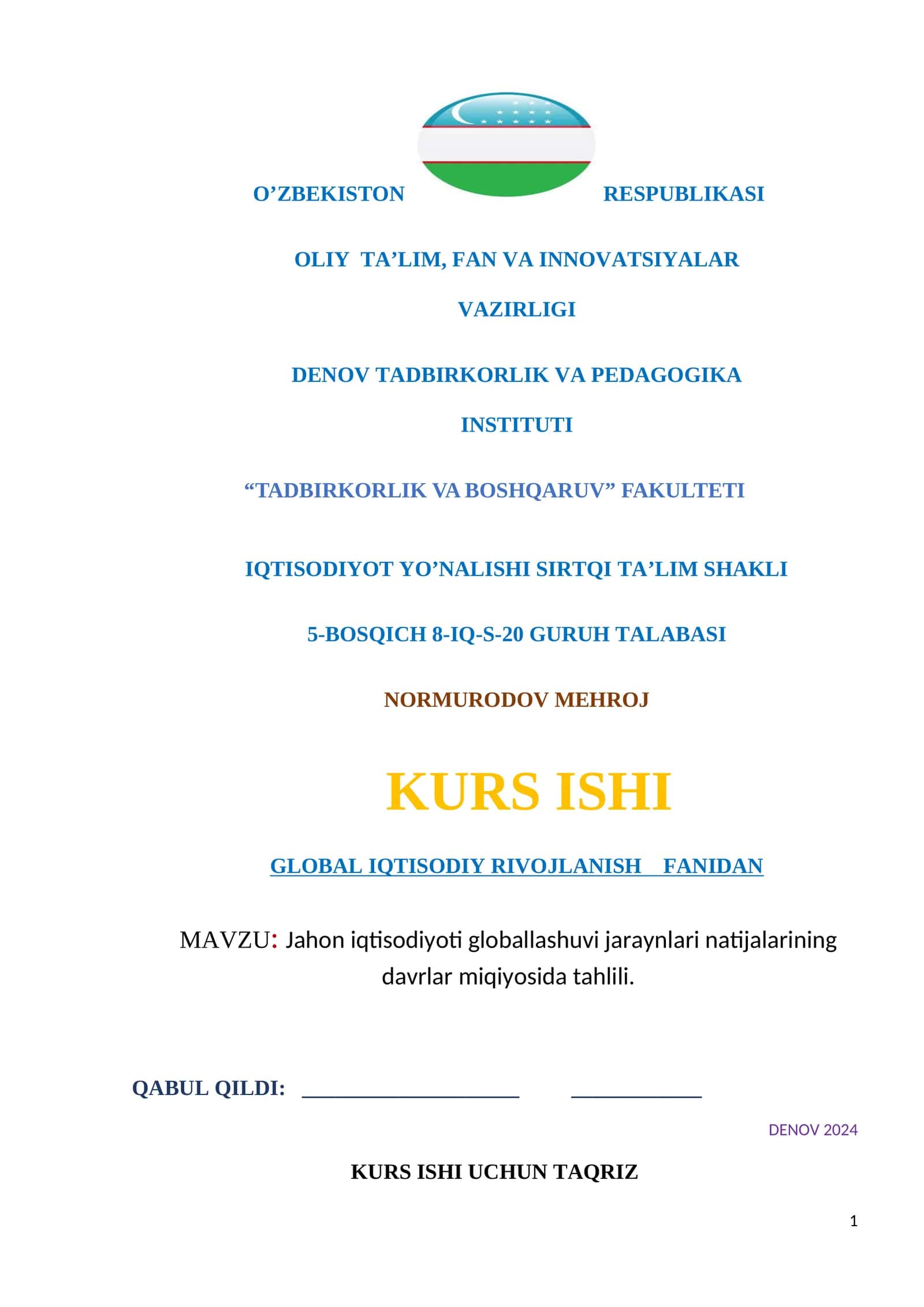 GLOBAL IQTISODIY RIVOJLANISH FANIDAN 1