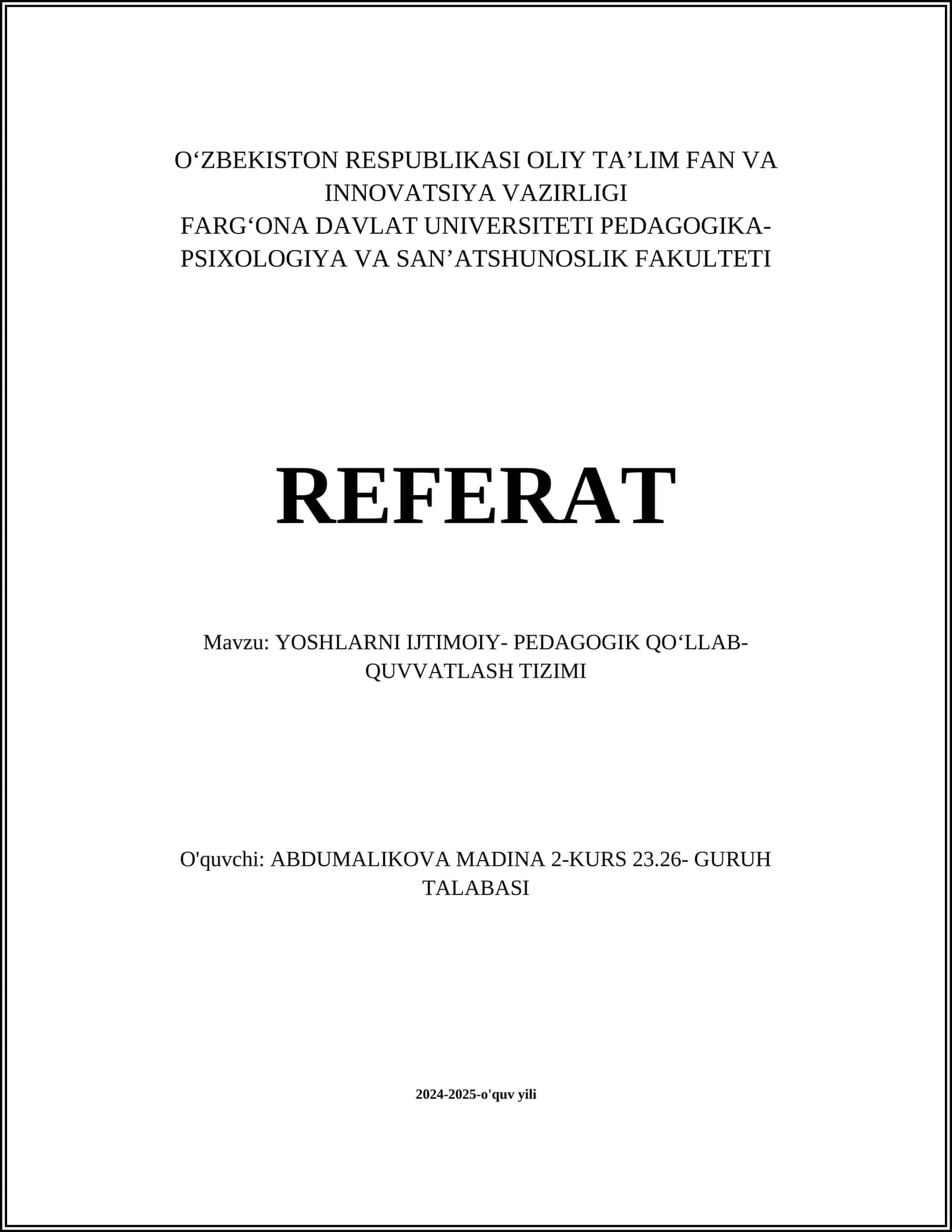 YOSHLARNI IJTIMOIY- PEDAGOGIK QOʻLLAB- QUVVATLASH TIZIMI 1