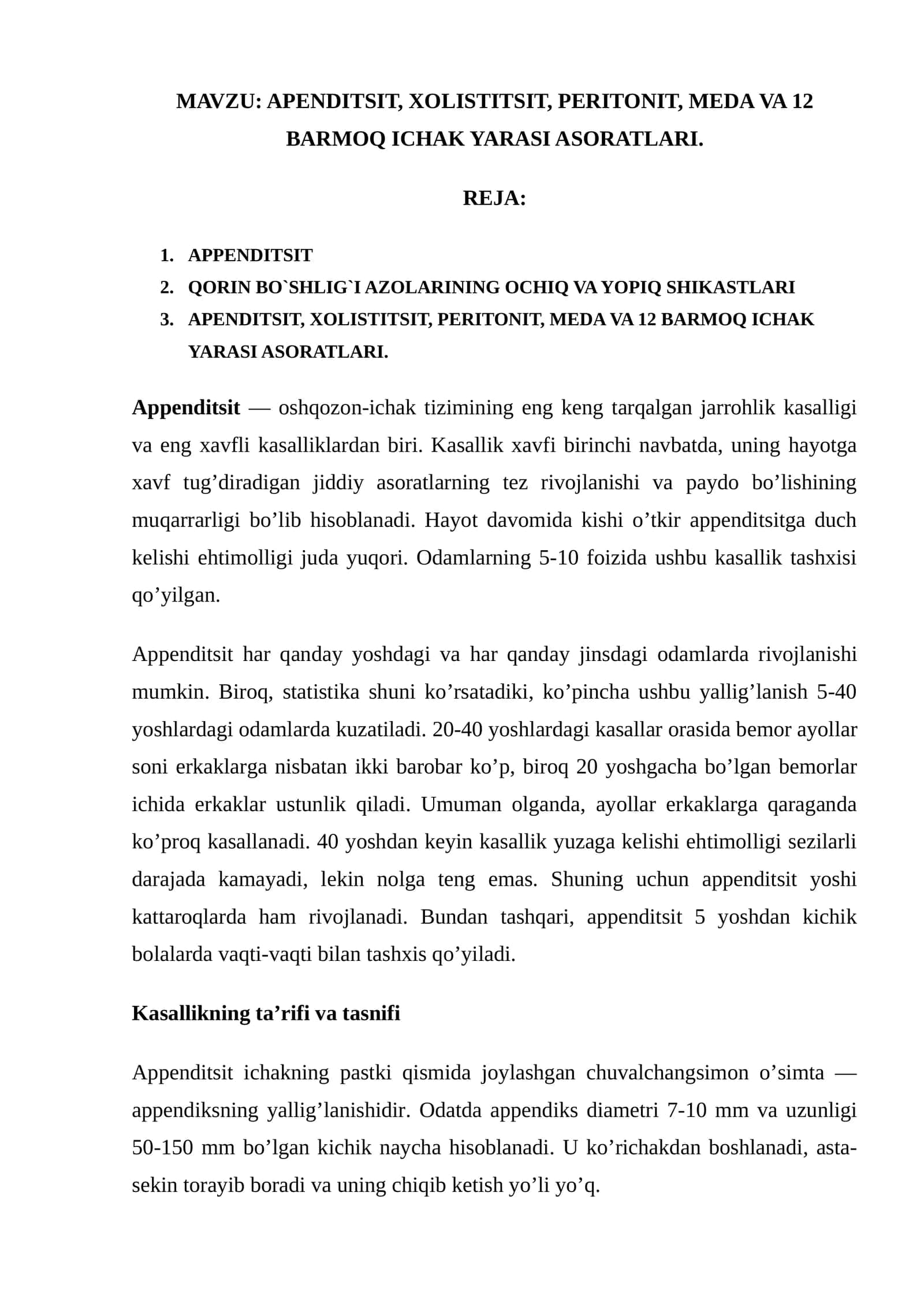 APENDITSIT, XOLISTITSIT, PERITONIT, MEDA VA 12 BARMOQ ICHAK YARASI ASORATLARI 1