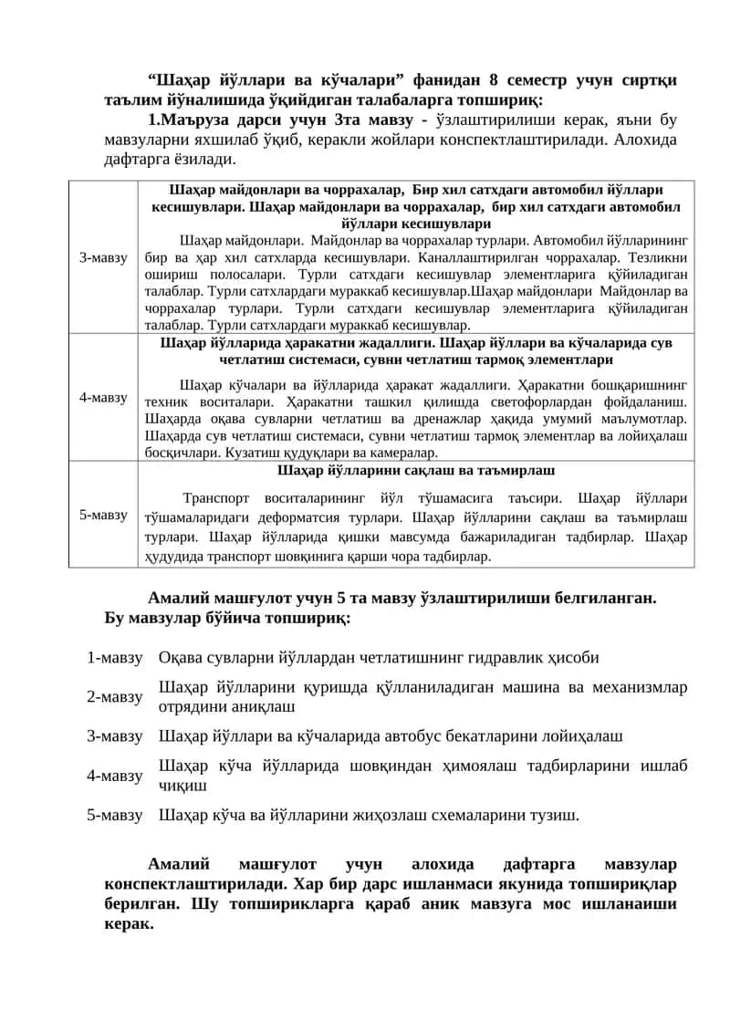 Шаҳар йўллари ва кўчалари 1