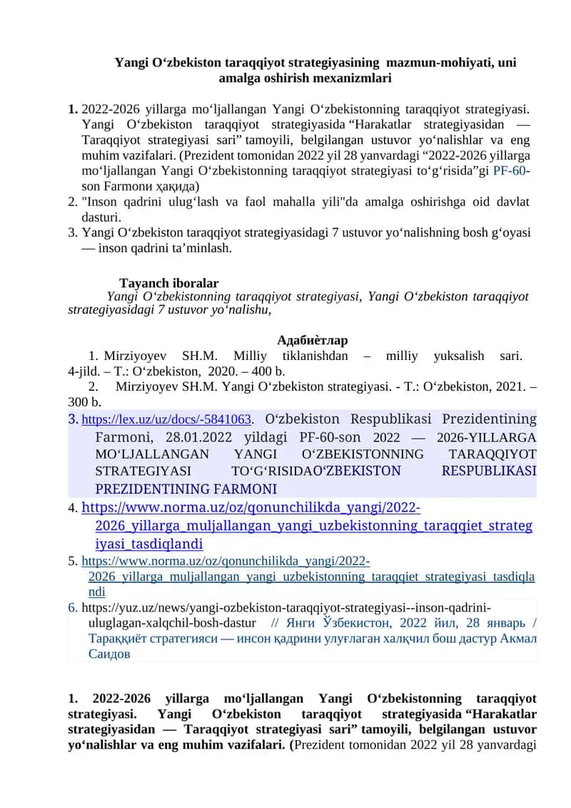 Yangi O‘zbekiston taraqqiyot strategiyasining  mazmun-mohiyati, uni  amalga oshirish mexanizmlari 1
