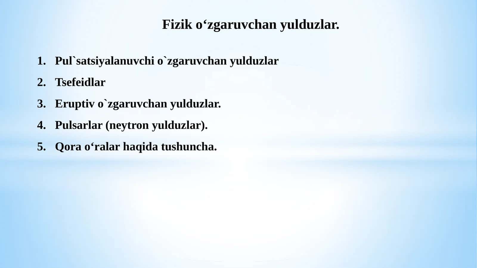Fizik o‘zgaruvchan yulduzlar. 11-sinf astronomiya fanidan dars ishlanma. 1
