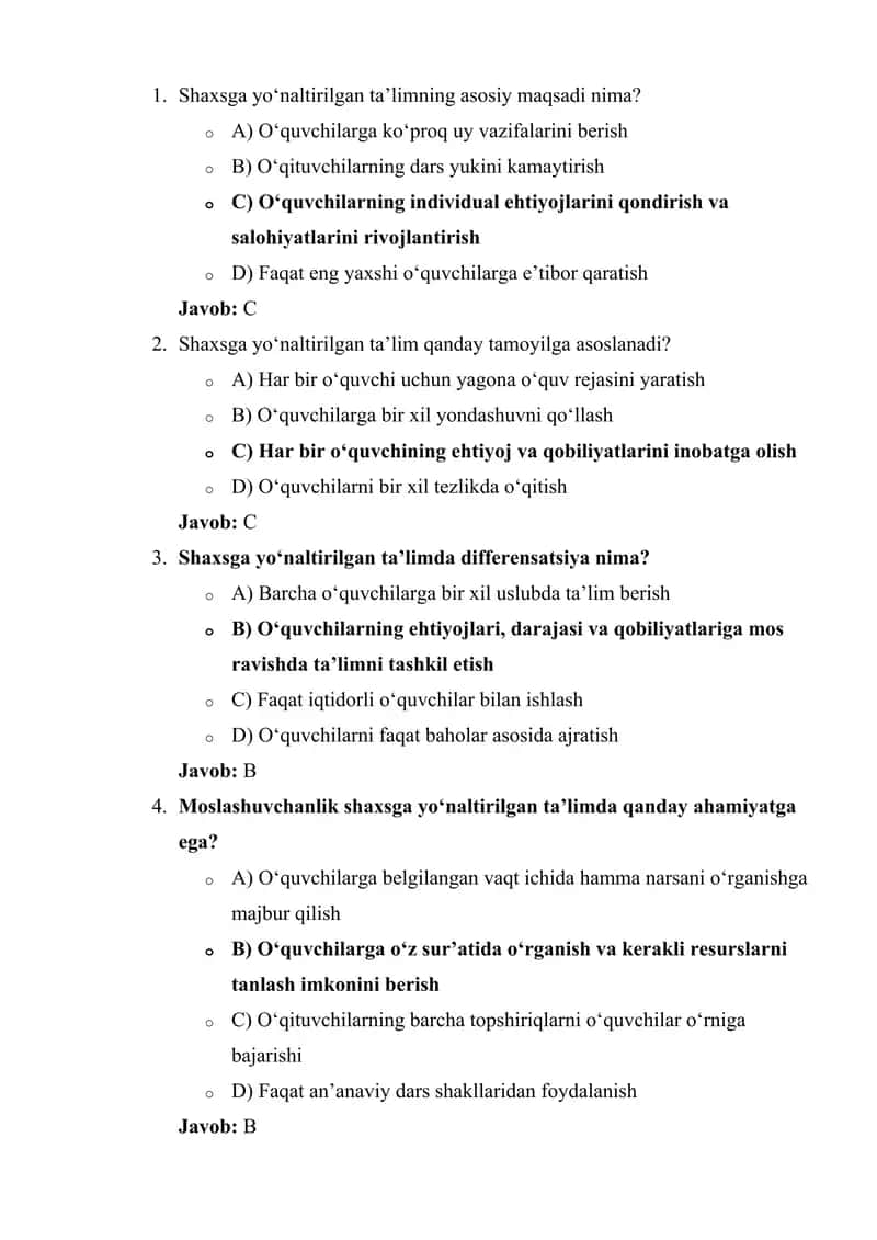 fan o'qituvchilari uchun malaka oshirish imtixonlariga tayyorgarlik test savol va javoblari, 1