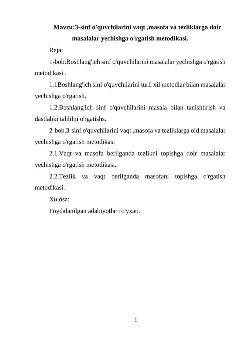 3-sinf o'quvchilarini vaqt, masofa va tezliklarga doir masalalar yechishga o'rgatish metodikasi 1