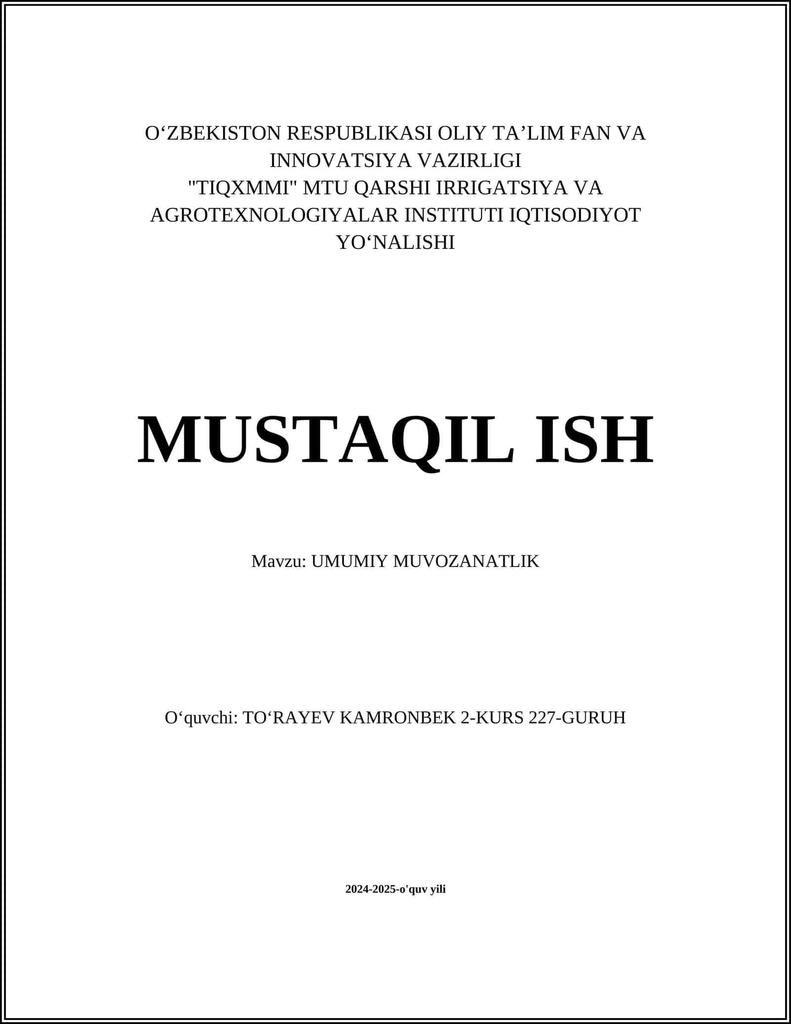 UMUMIY MUVOZANATLIK NAZARIYASI 1