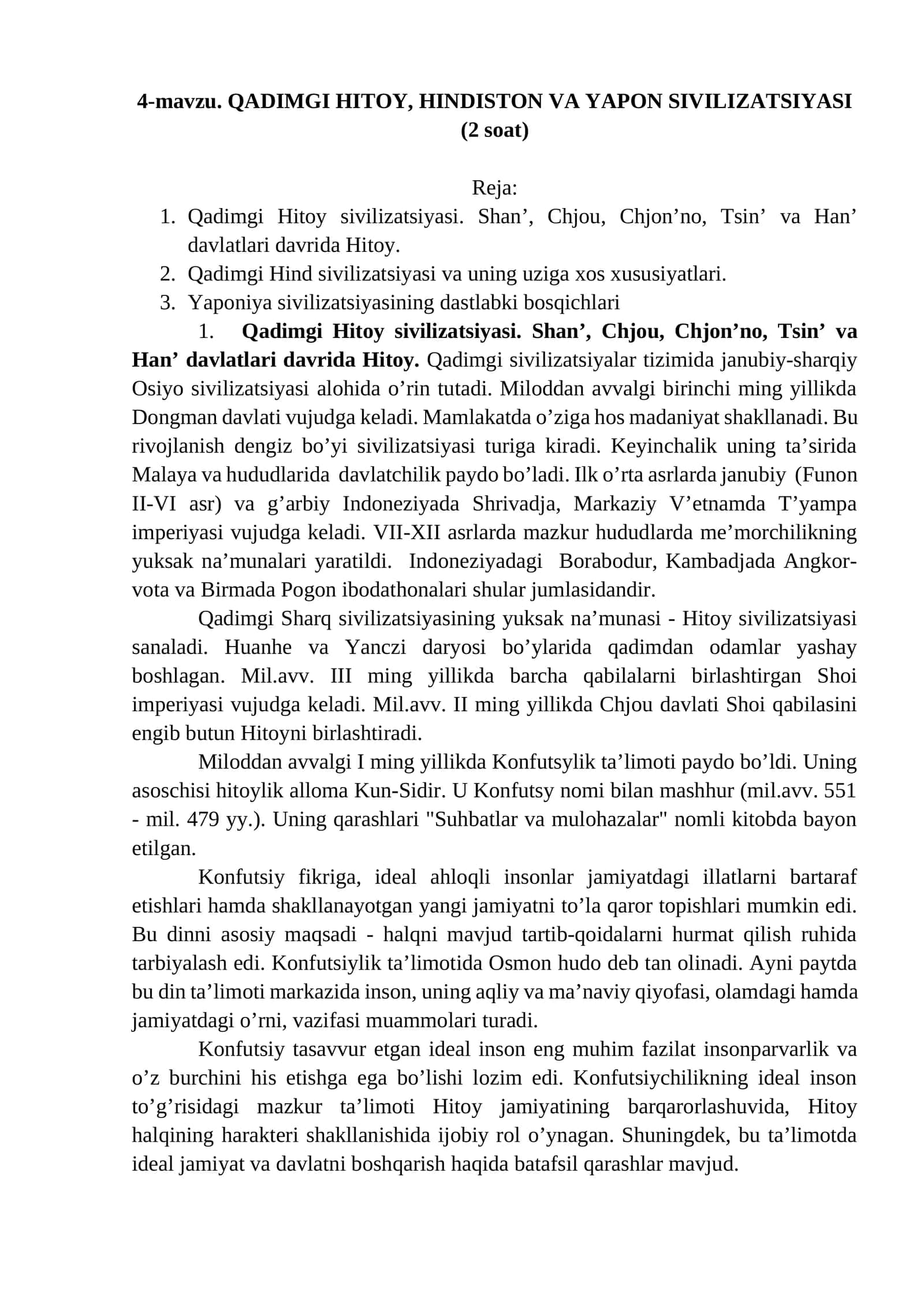 Qadimgi Xitoy, Hindiston va Yaponiya sivilizatsiyalari 1