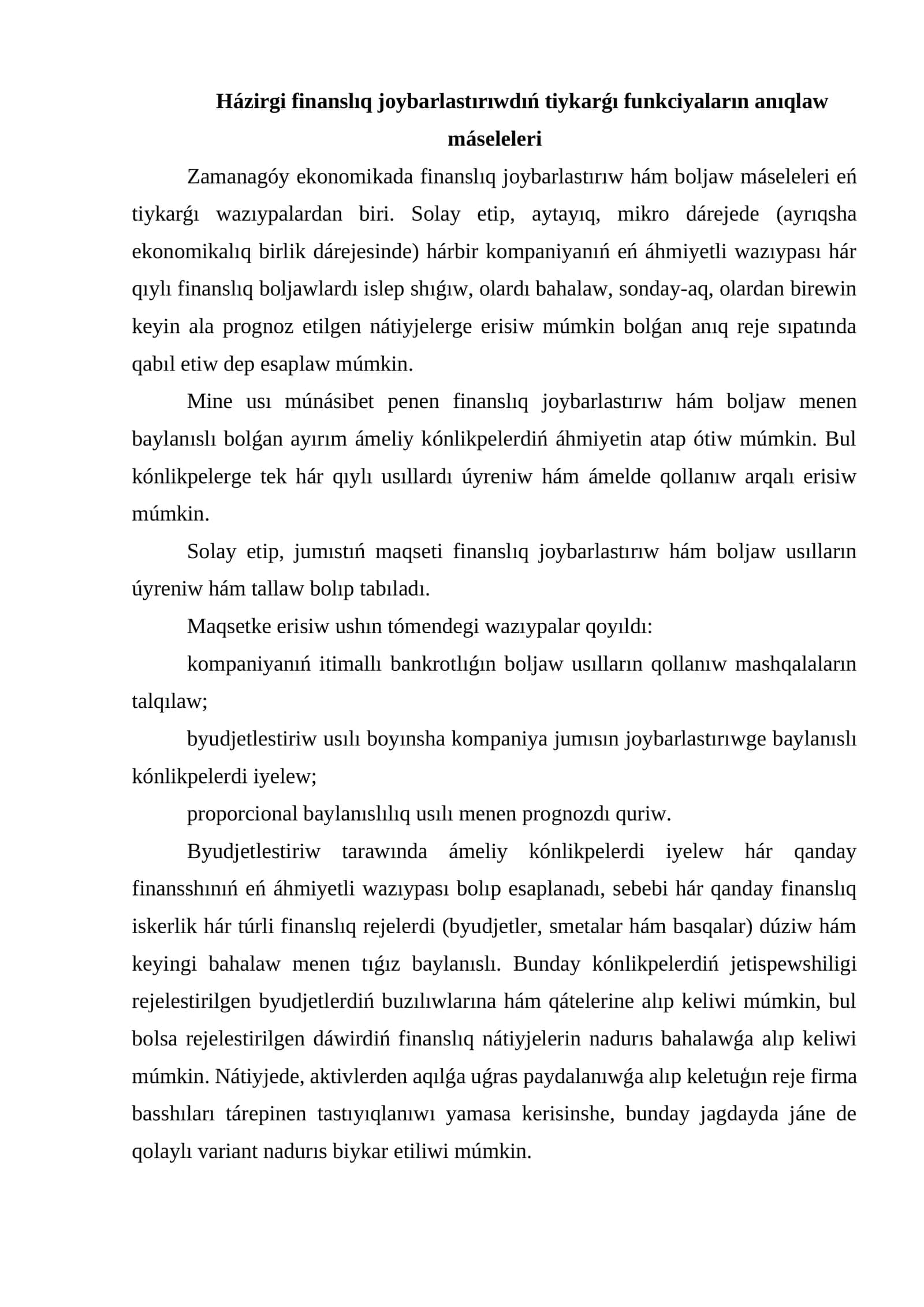 Finanslıq joybarlastırıw hám boljaw máseleleri 1