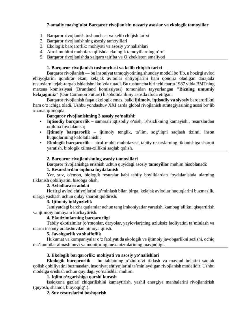 Barqaror rivojlanish: nazariy asoslar va ekologik tamoyillar 1