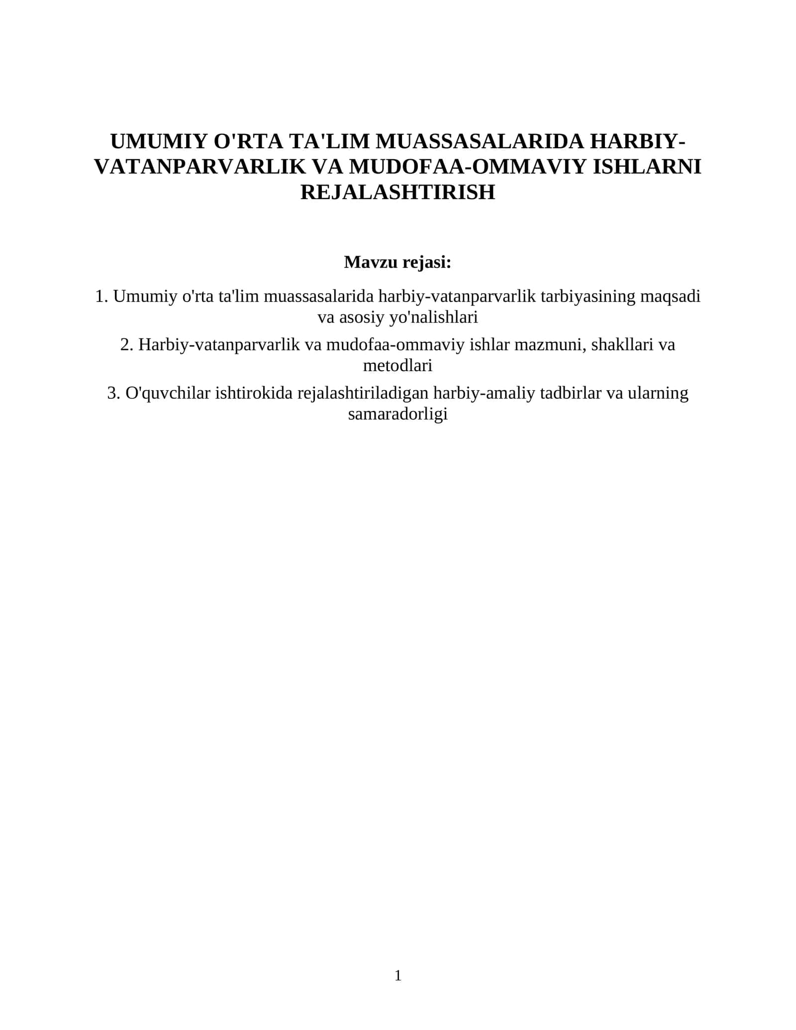 Umumiy O'rta Ta'lim Muassasalarida Harbiy-Vatanparvarlik va Mudofaa-Ommaviy Ishlarni Rejalashtirish 1