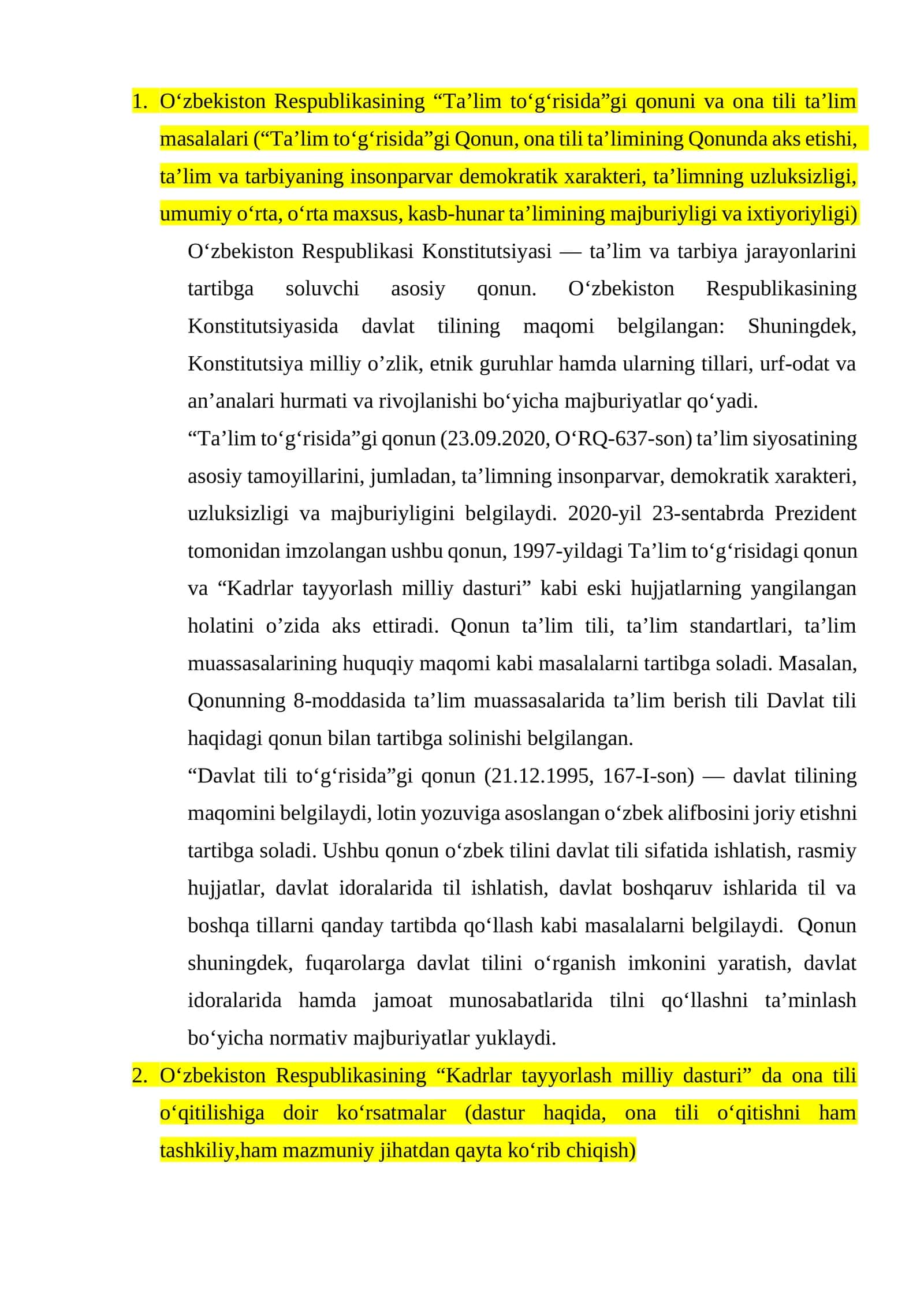 O‘zbekiston Respublikasining “Ta’lim to‘g‘risida”gi qonuni va ona tili ta’lim masalalari 1