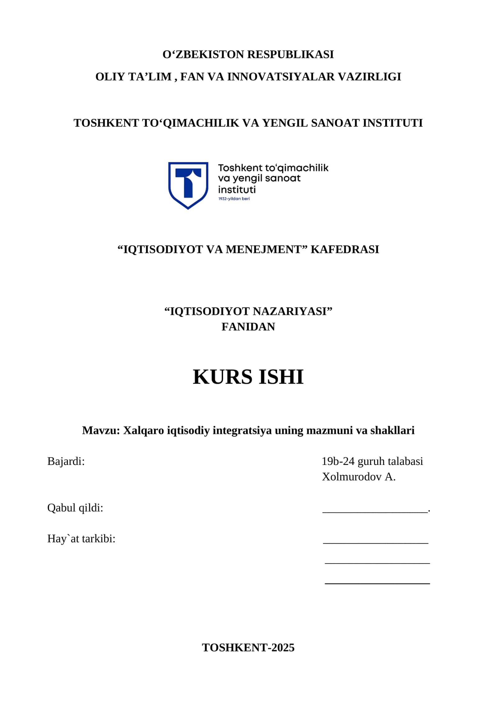 Xalqaro iqtisodiy integratsiya uning mazmuni va shakllari 1