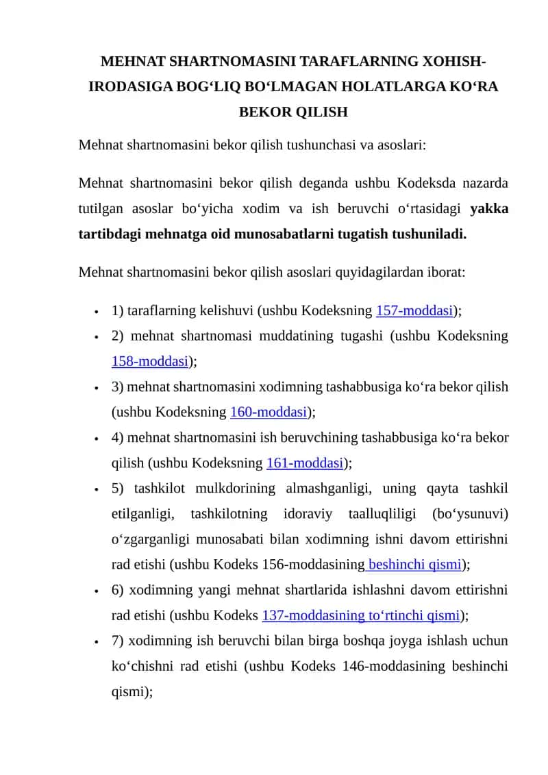 MEHNAT SHARTNOMASINI TARAFLARNING XOHISH-IRODASIGA BOG‘LIQ BO‘LMAGAN HOLATLARGA KO‘RA BEKOR QILISH 1