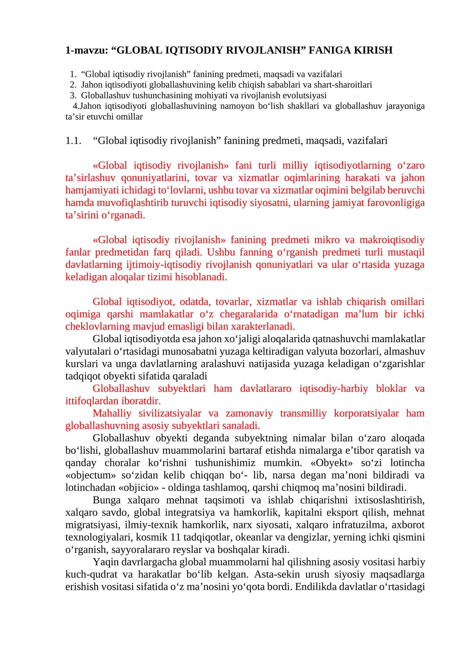 "GLOBAL IQTISODIY RIVOJLANISH" FANIGA KIRISH 1