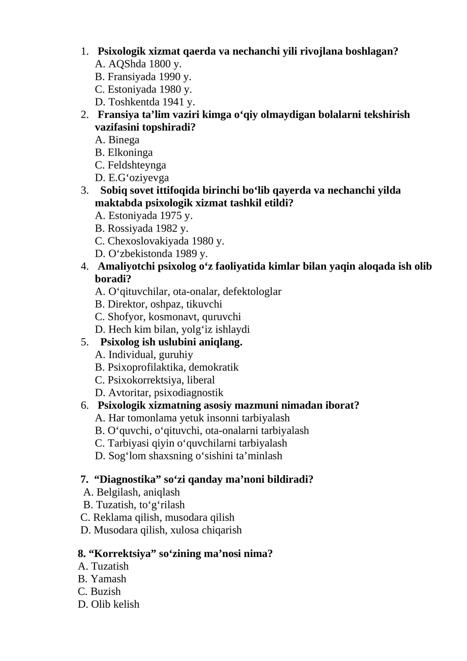 Psixologik konsultatsiya psixokorreksiya test 1