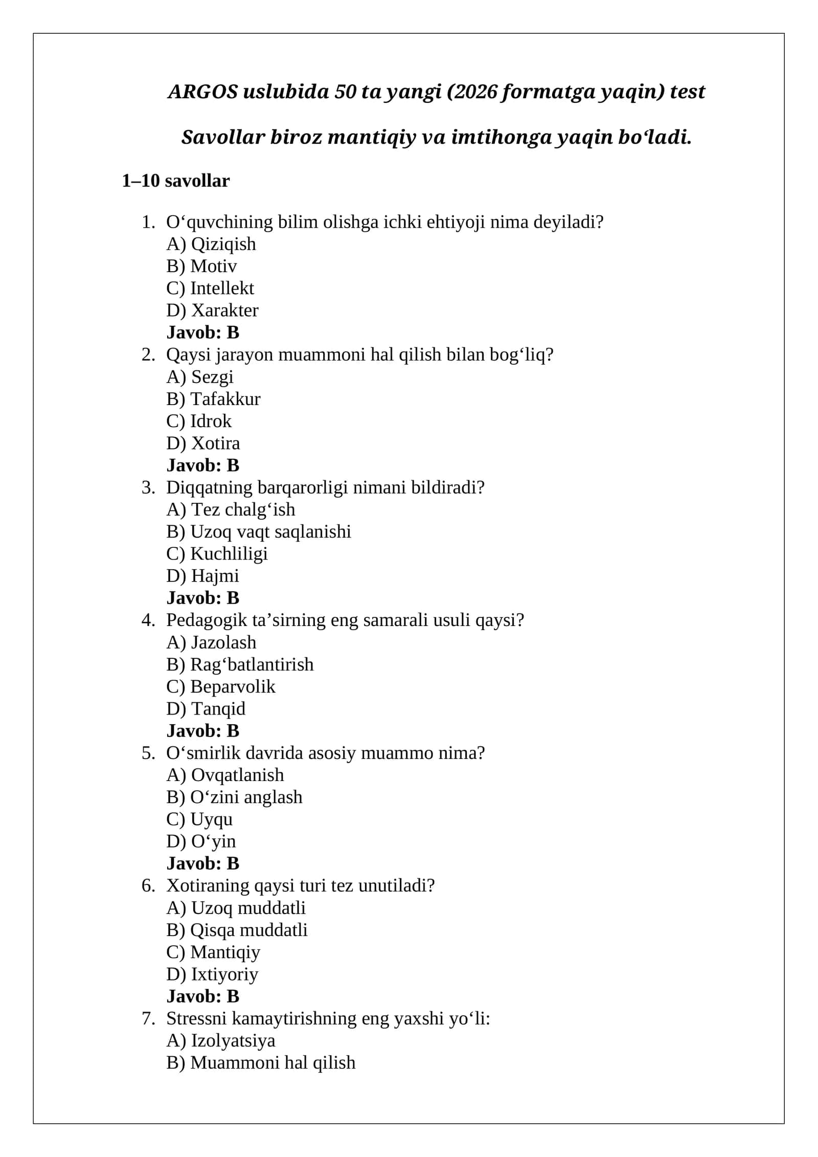 ARGOS uslubida 50 ta yangi (2026 formatga yaqin) test 1