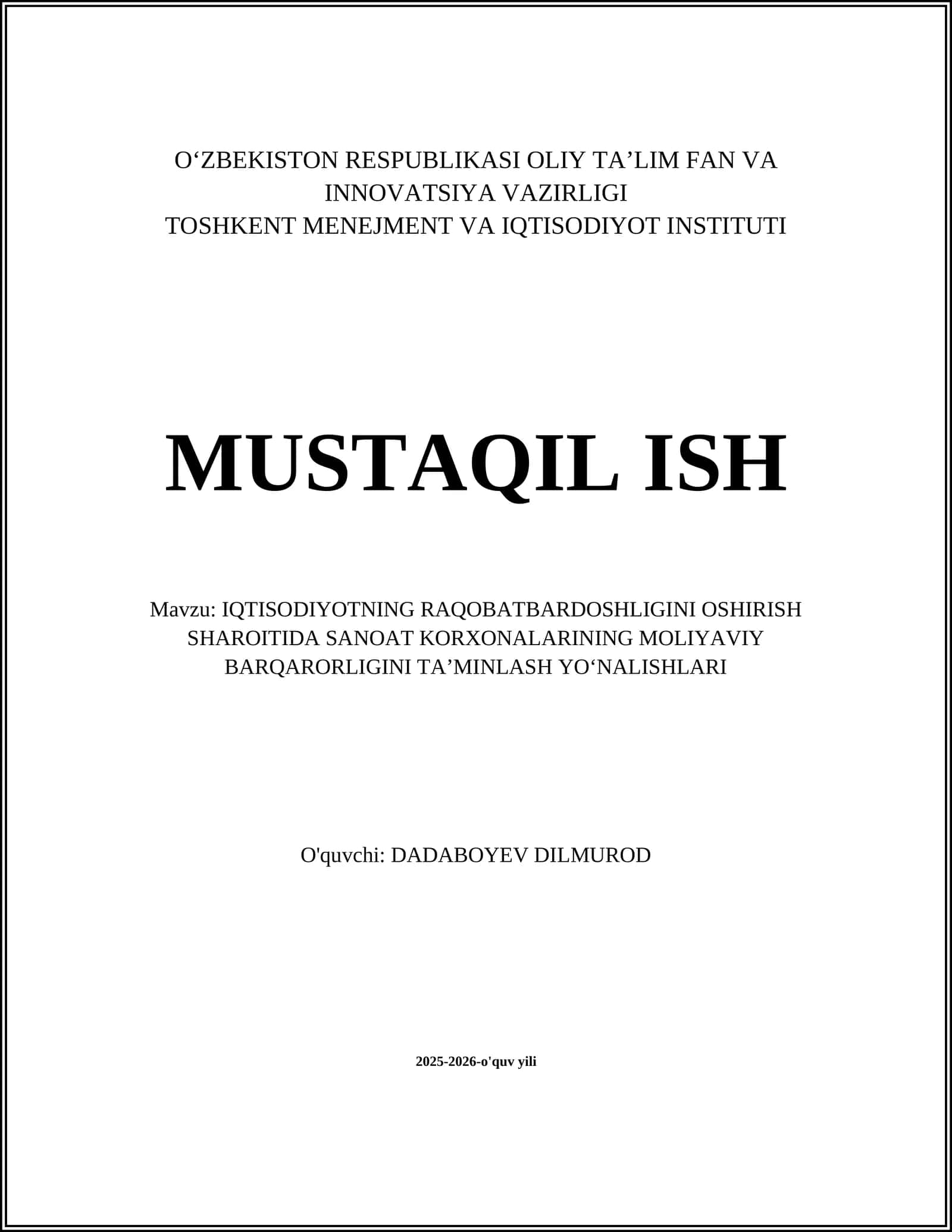 IQTISODIYOTNING RAQOBATBARDOSHLIGINI OSHIRISH SHAROITIDA SANOAT KORXONALARINING MOLIYAVIY BARQARORLIGINI TAʼMINLASH YOʻNALISHLARI 1