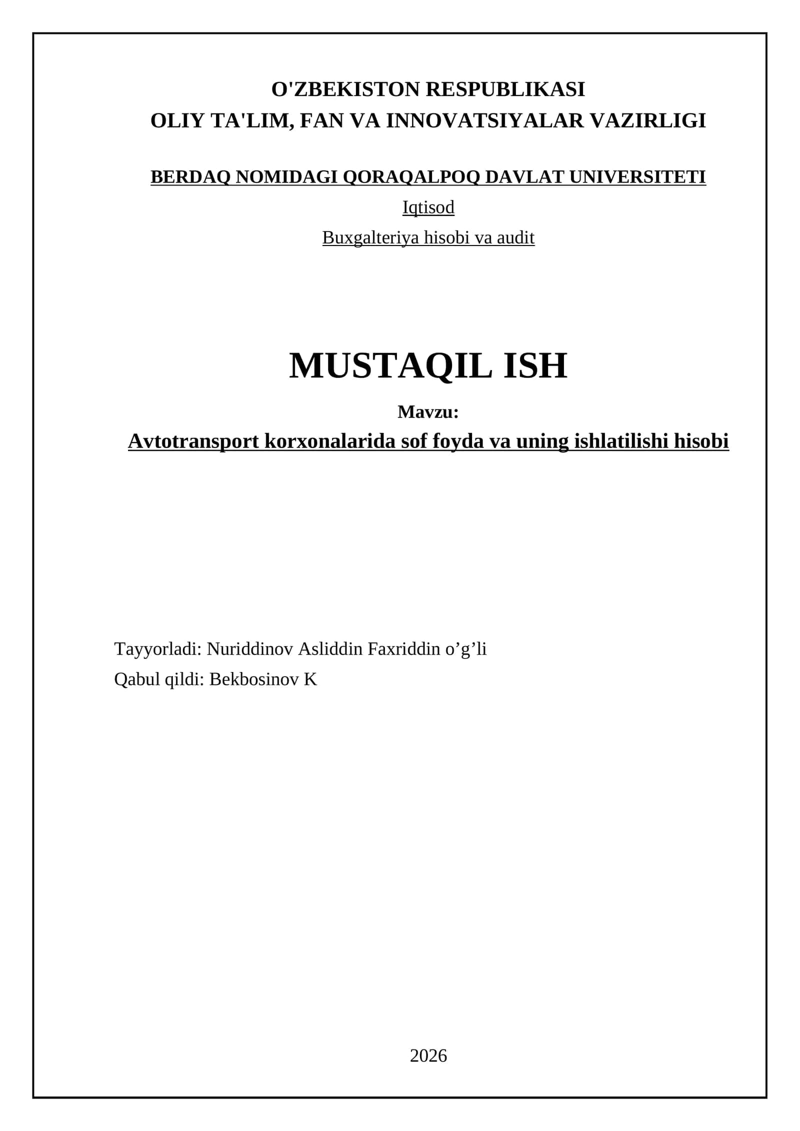 Avtotransport korxonalarida sof foyda va uning ishlatilishi hisobi 1