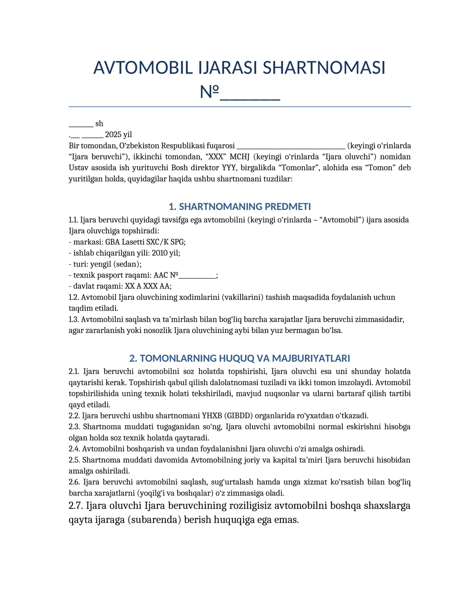 AVTOMOBIL IJARASI SHARTNOMASI 1