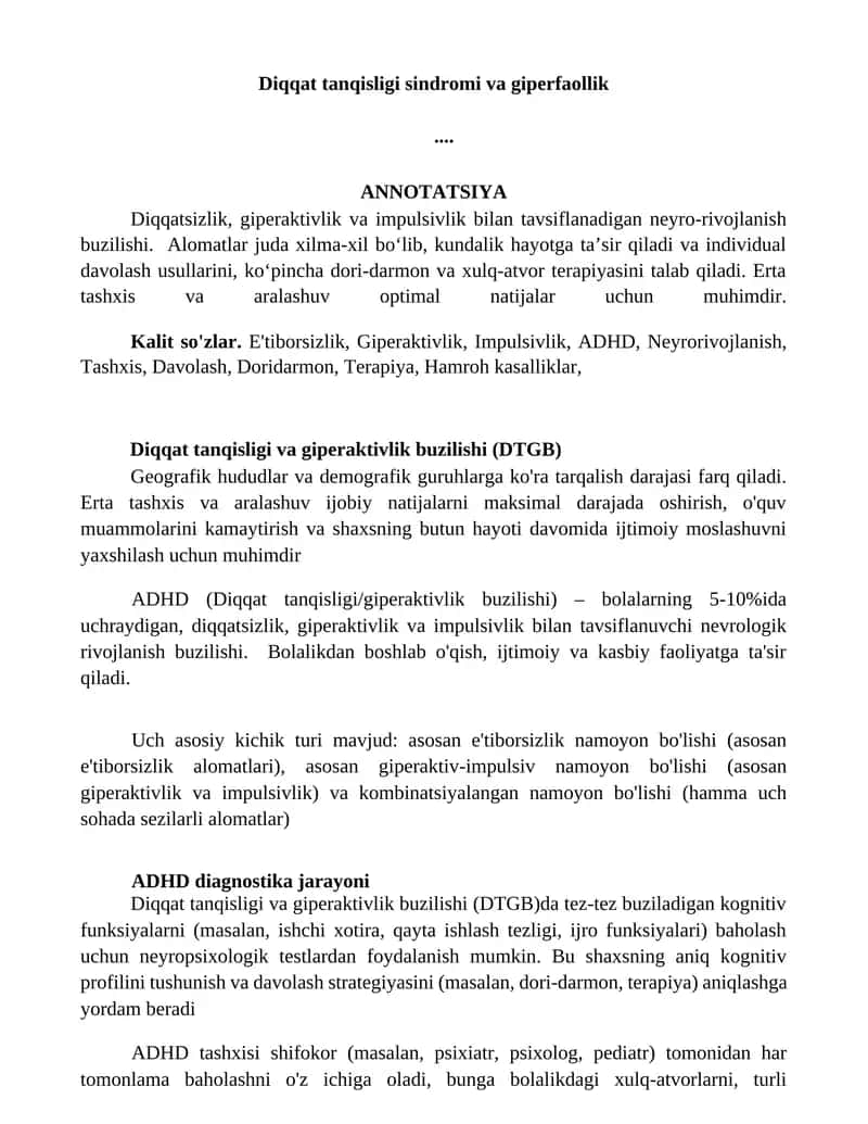Diqqat tanqisligi va giperaktivlik buzilishi (DTGB) 1