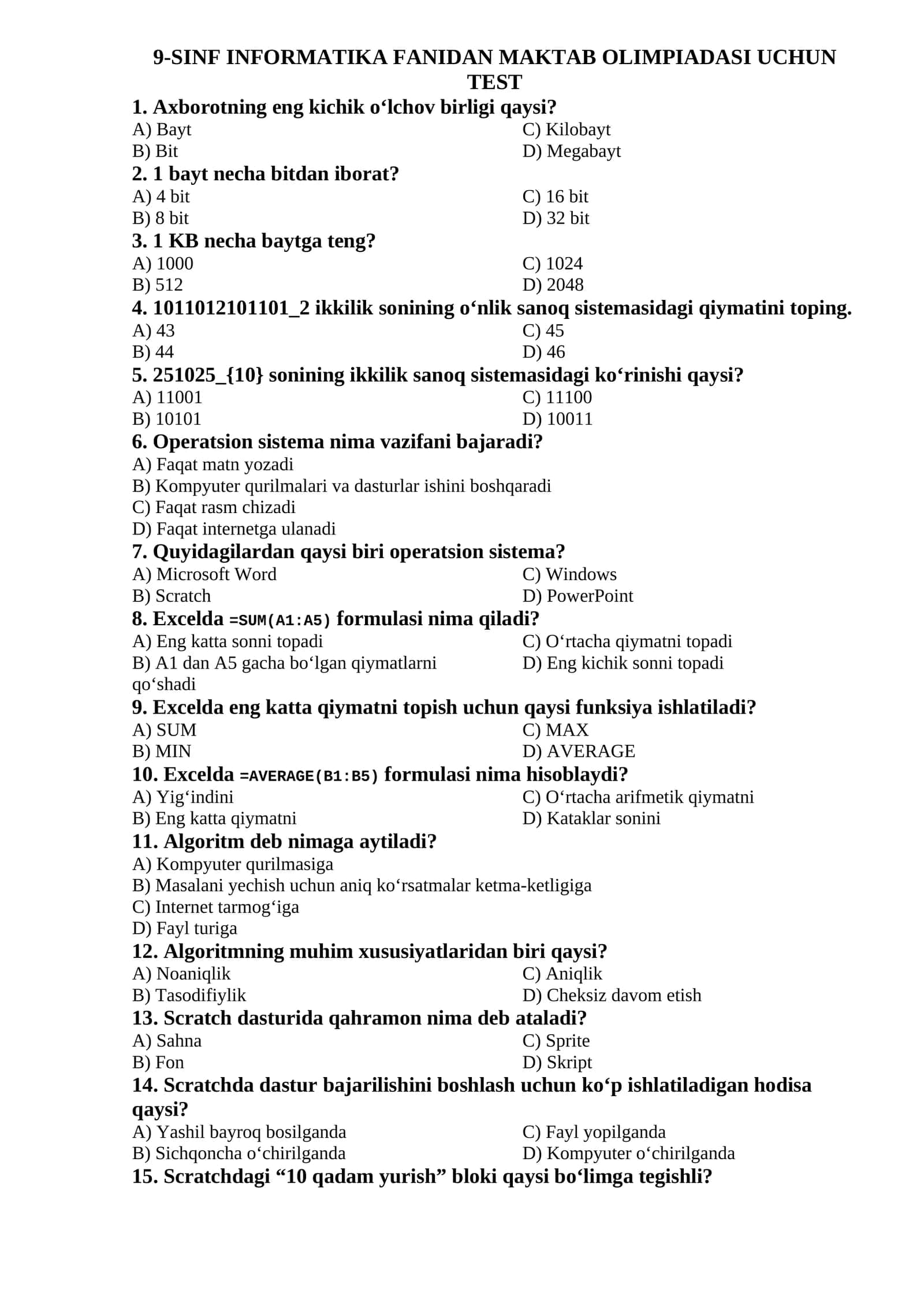 9-SINF INFORMATIKA FANIDAN MAKTAB OLIMPIADASI UCHUN TEST 1
