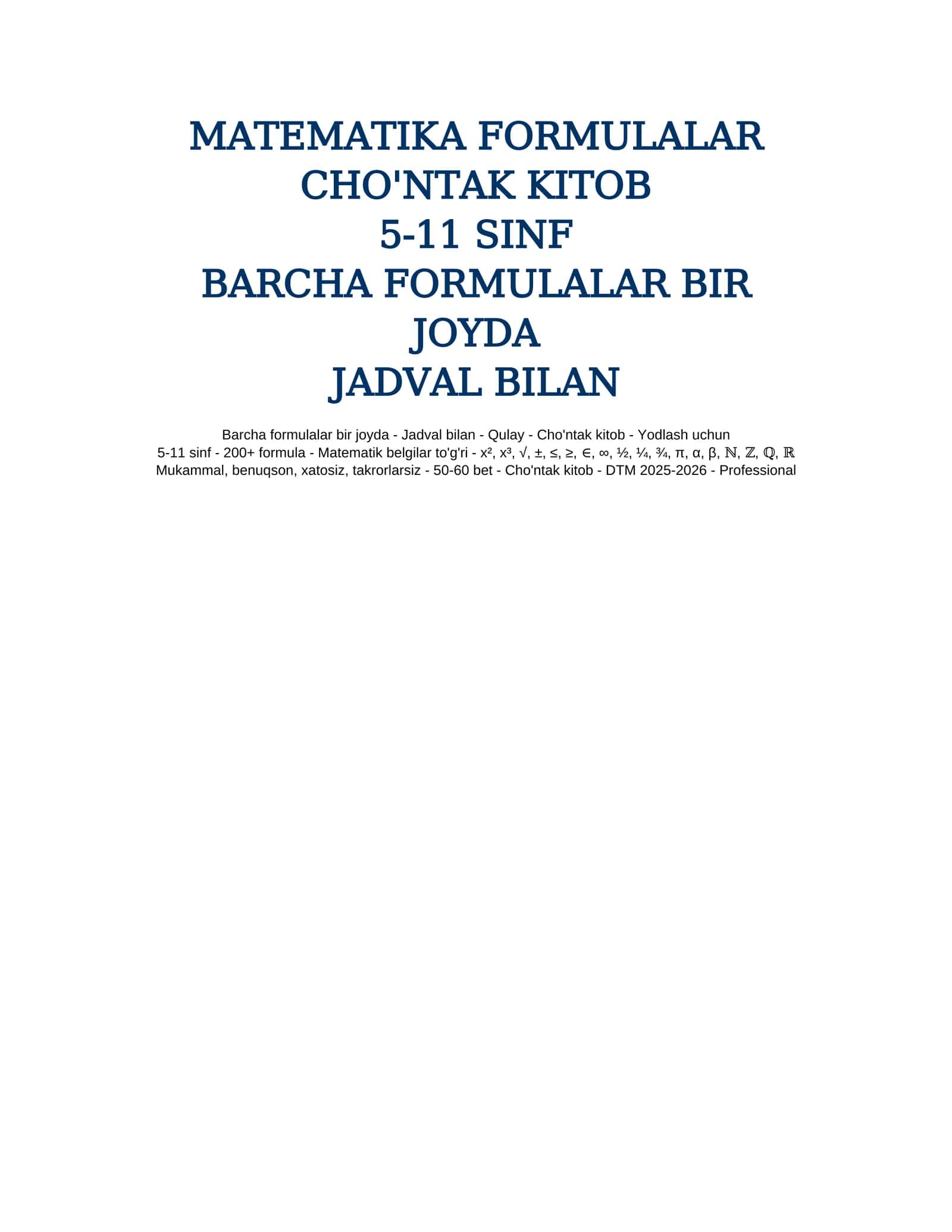 MATEMATIKA FORMULALAR CHO'NTAK KITOB 1