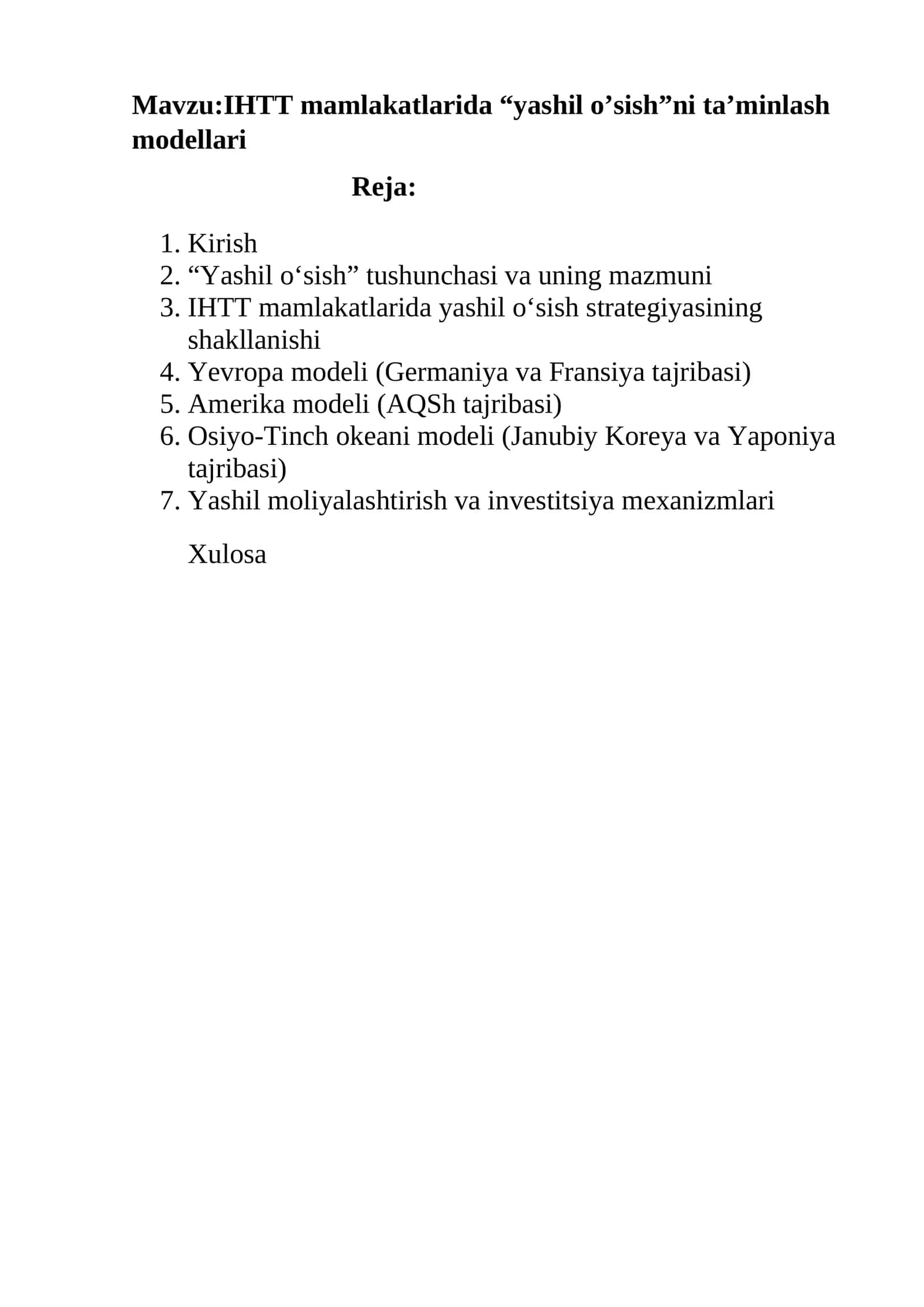 IHTT mamlakatlarida yashil o'sishni taminlash modellari 1