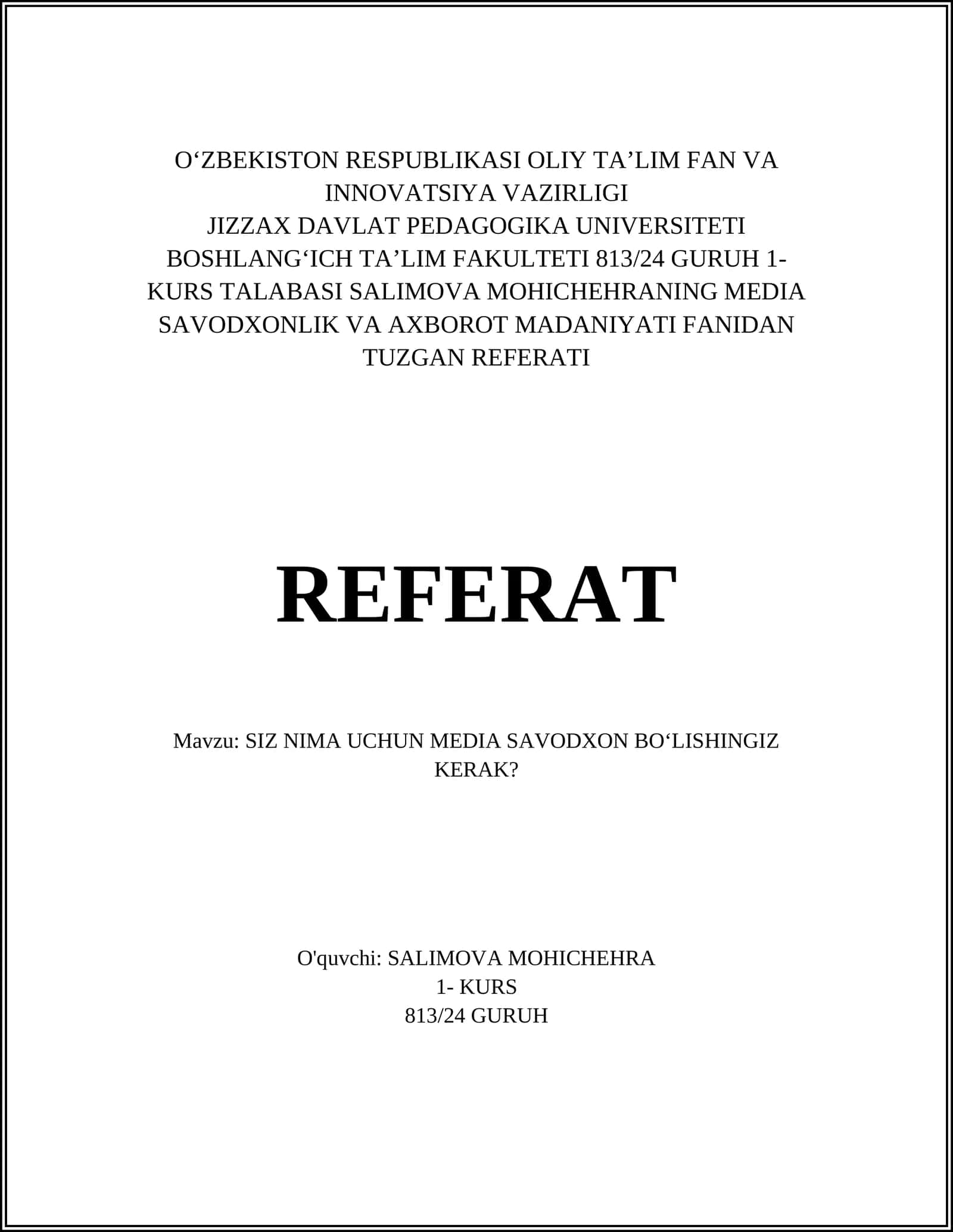 MEDIA SAVODXONLIK VA AXBOROT MADANIYATI FANI 1