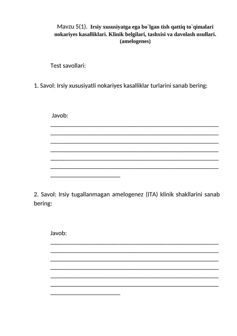 Irsiy xususiyatga ega bo`lgan tish qattiq to`qimalari nokariyes kasalliklari. Klinik belgilari, tashxisi va davolash usullari.(amelogenes) 1