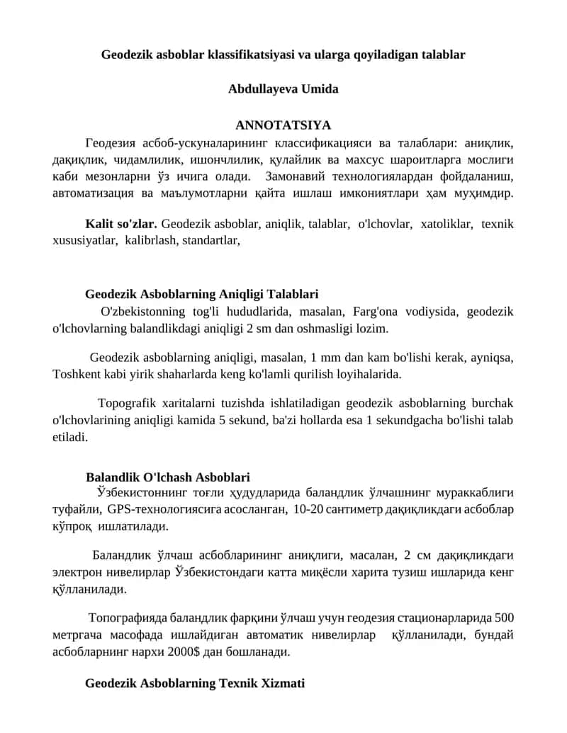Geodezik asboblar klassifikatsiyasi va ularga qoyiladigan talablar 1