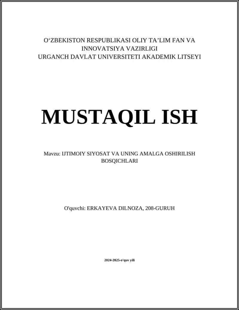 IJTIMOIY SIYOSAT VA UNING AMALGA OSHIRILISH BOSQICHLARI 1