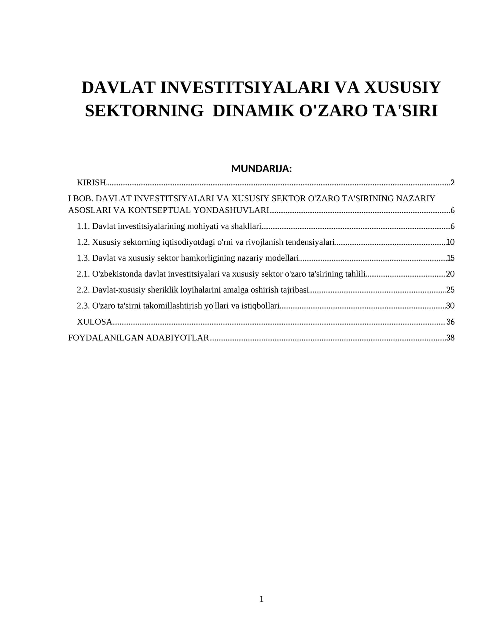 DAVLAT INVESTITSIYALARI VA XUSUSIY SEKTORNING DINAMIK O'ZARO TA'SIRI 1
