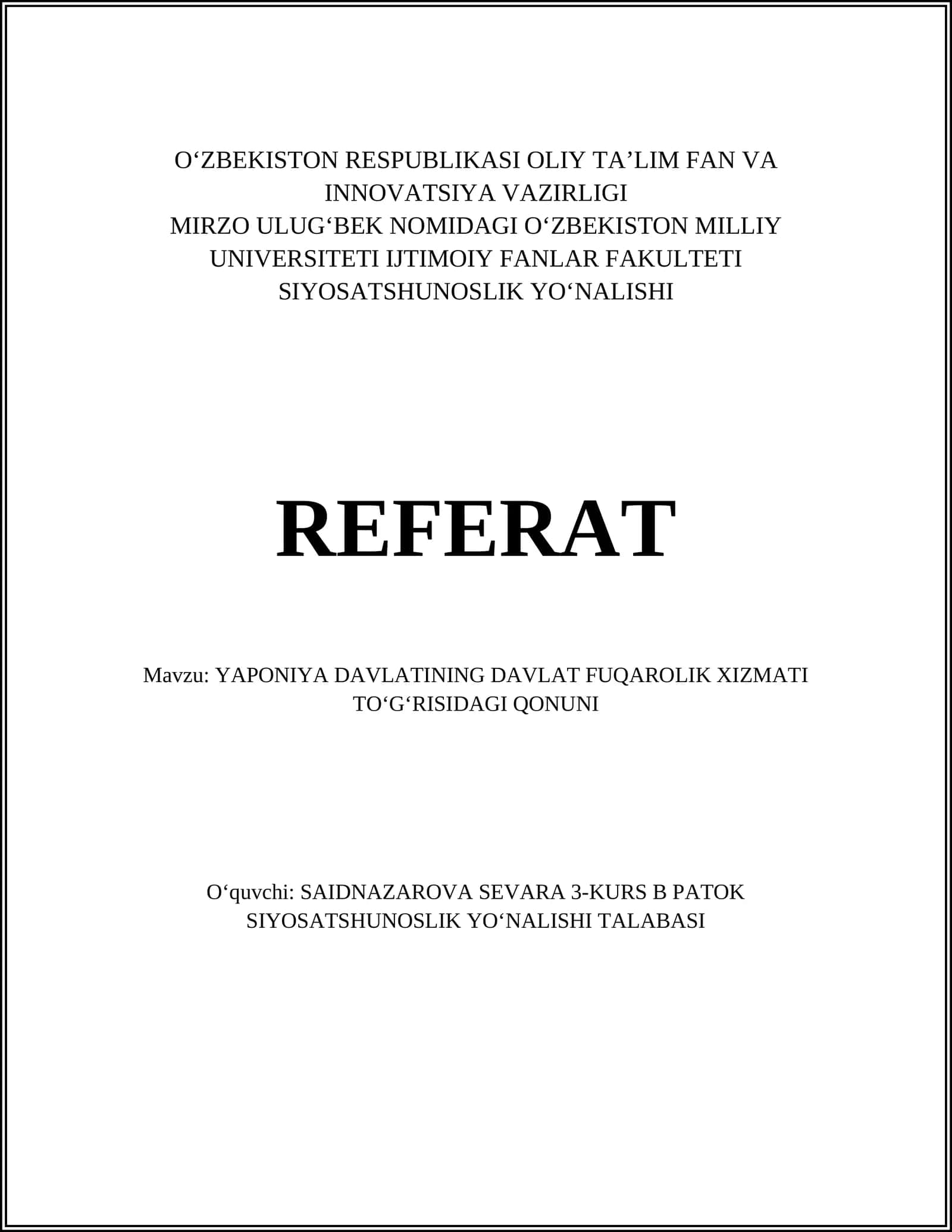 JAPONIYA DAVLATINING DAVLAT FUQAROLIK XIZMATI TOʻGʻRISIDAGI QONUNI 1